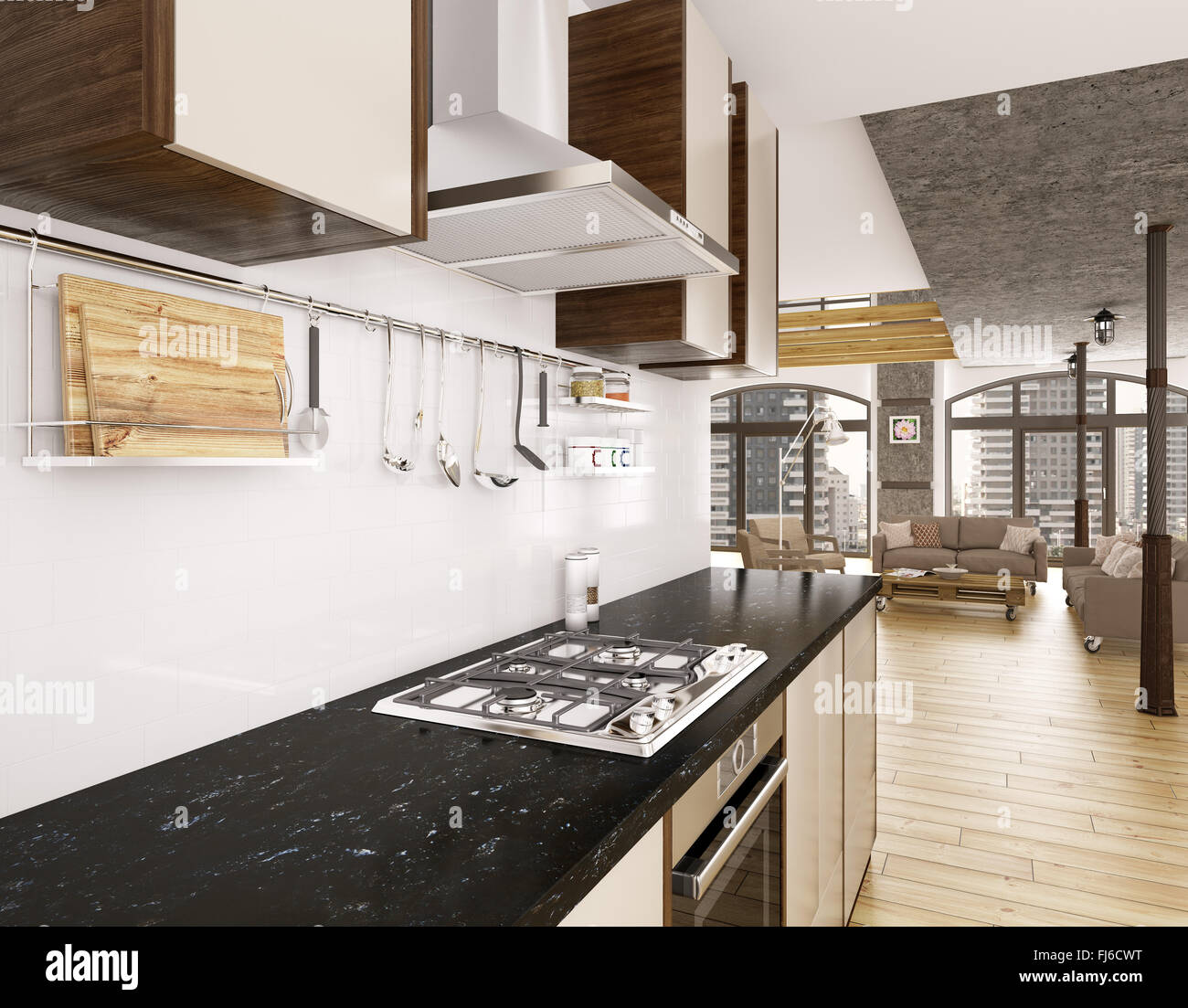 Cuisine moderne appartement en rendu 3D d'intérieur Banque D'Images