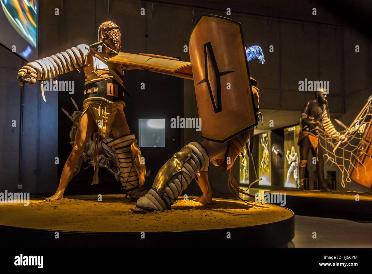 Diorama de deux combats de gladiateurs gladiateurs à l'exposition dans le Musée romain Gallo / Gallo-Romeins, Tongeren, Belgique Banque D'Images