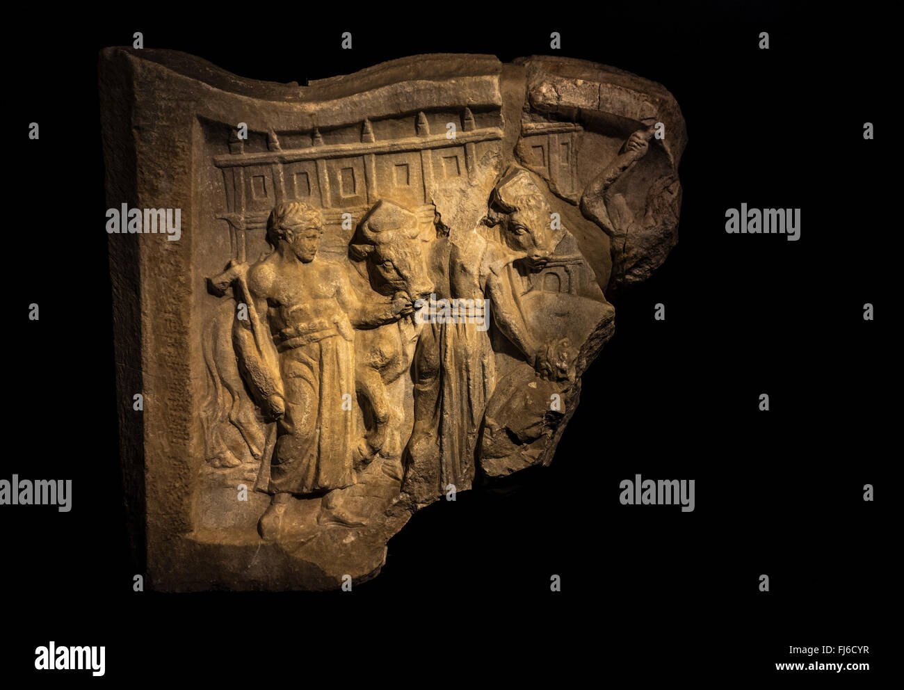 Fragment de relief représentant le sacrifice de boeufs lors de l'inauguration de l'amphithéâtre romain de Santa Maria Capua Vetere, Italie, 175-225 Banque D'Images