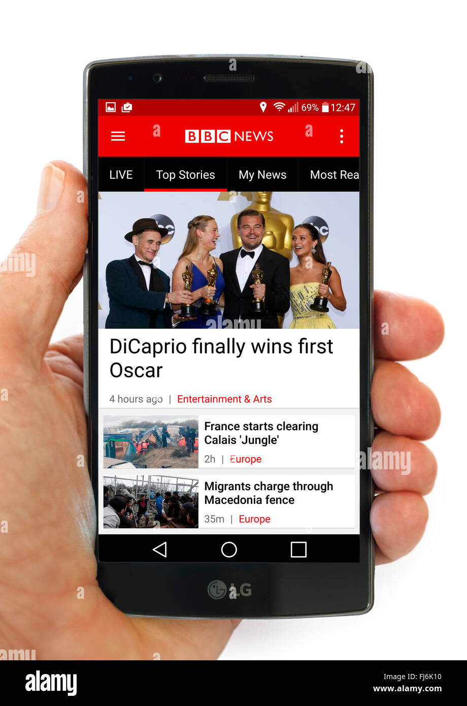 La BBC News App sur un LG G4 smartphone Android 5,5 pouces Banque D'Images