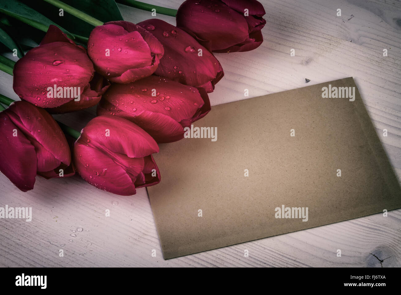 Vintage Nature morte avec tulipes rouges, de l'espace libre pour votre texte Banque D'Images