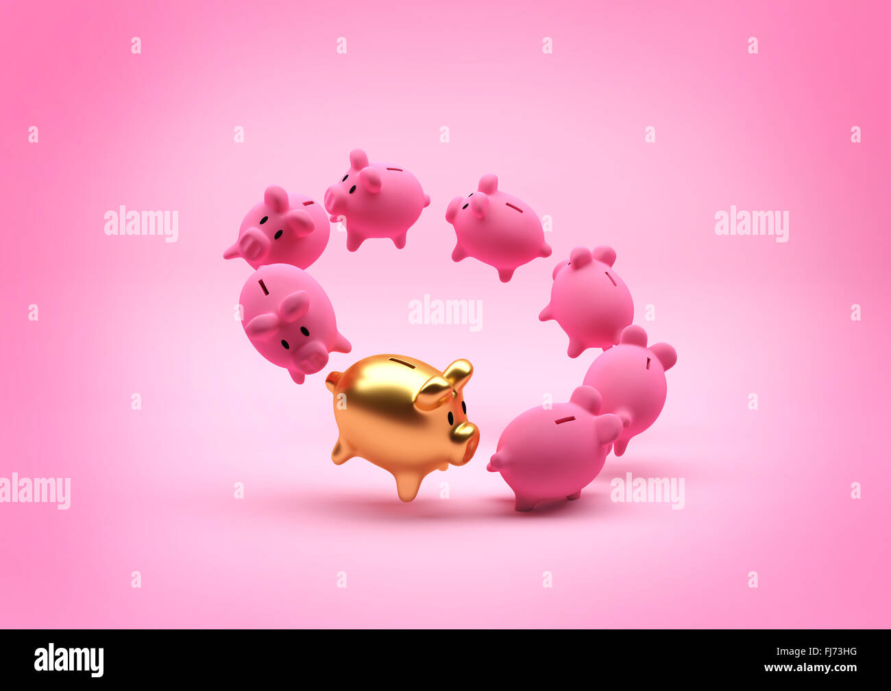 Concept d'épargne - tirelire. Un cercle flottant de Piggy Banks - avec une chemise en or. L'illustration. Banque D'Images