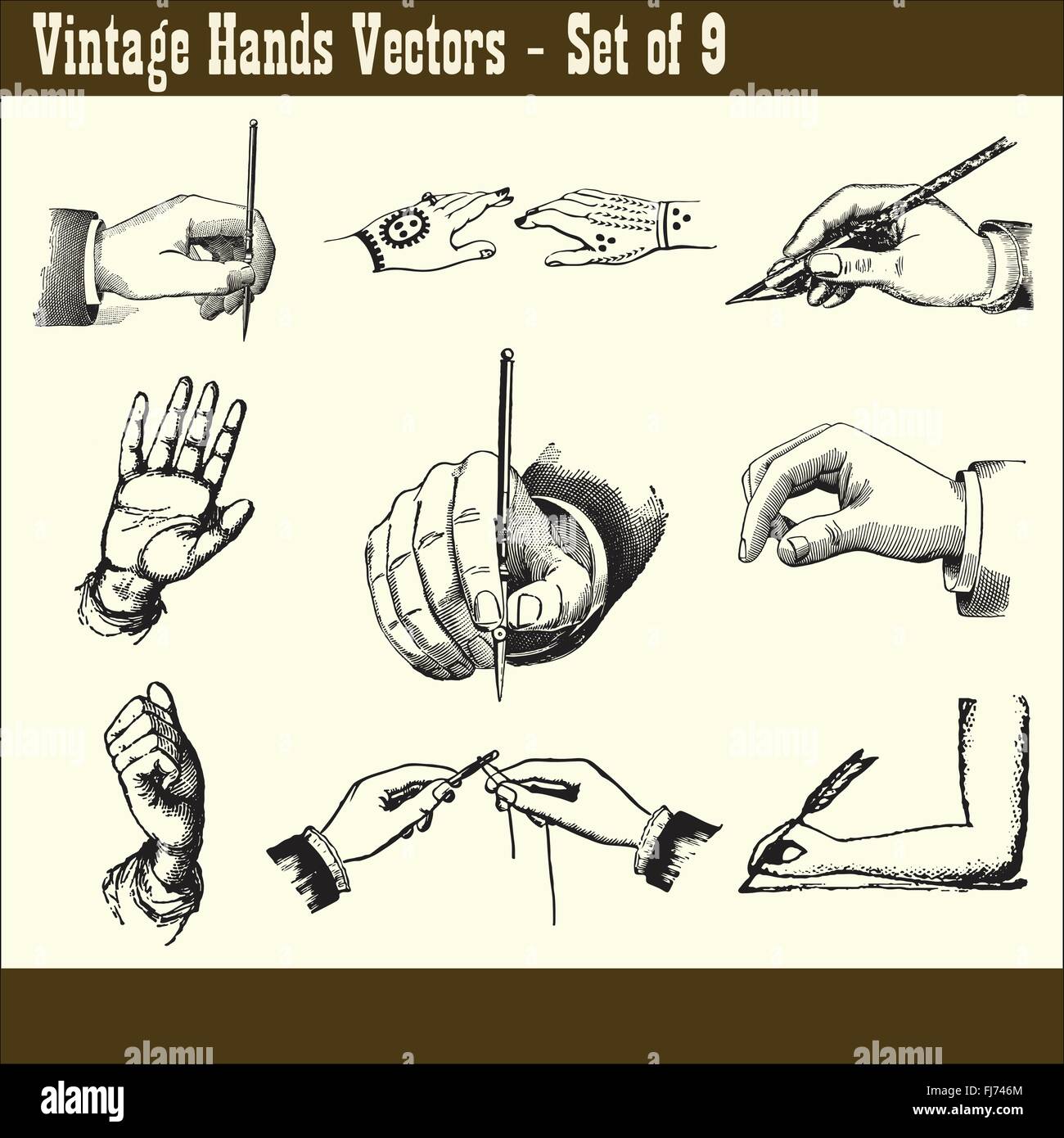 Ensemble de 9 mains vintage illustrations vectorielles Illustration de Vecteur