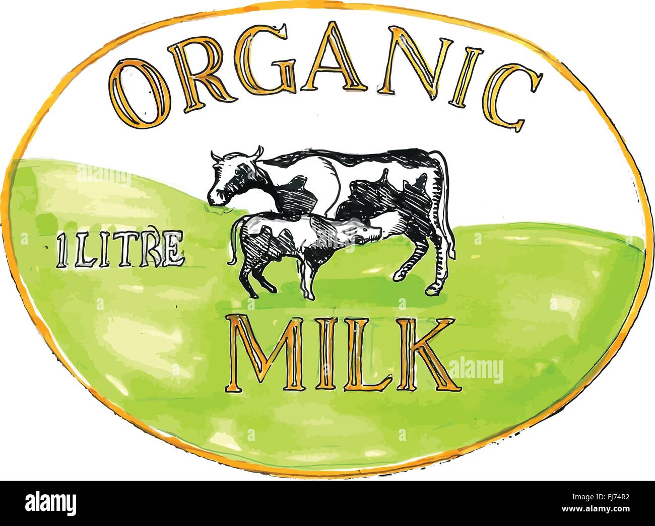 Style croquis dessin illustration d'une étiquette de lait biologique montrant une vache avec son veau suckling situé à l''intérieur de la forme ovale avec 1 litre de lait biologique mots'.' Illustration de Vecteur