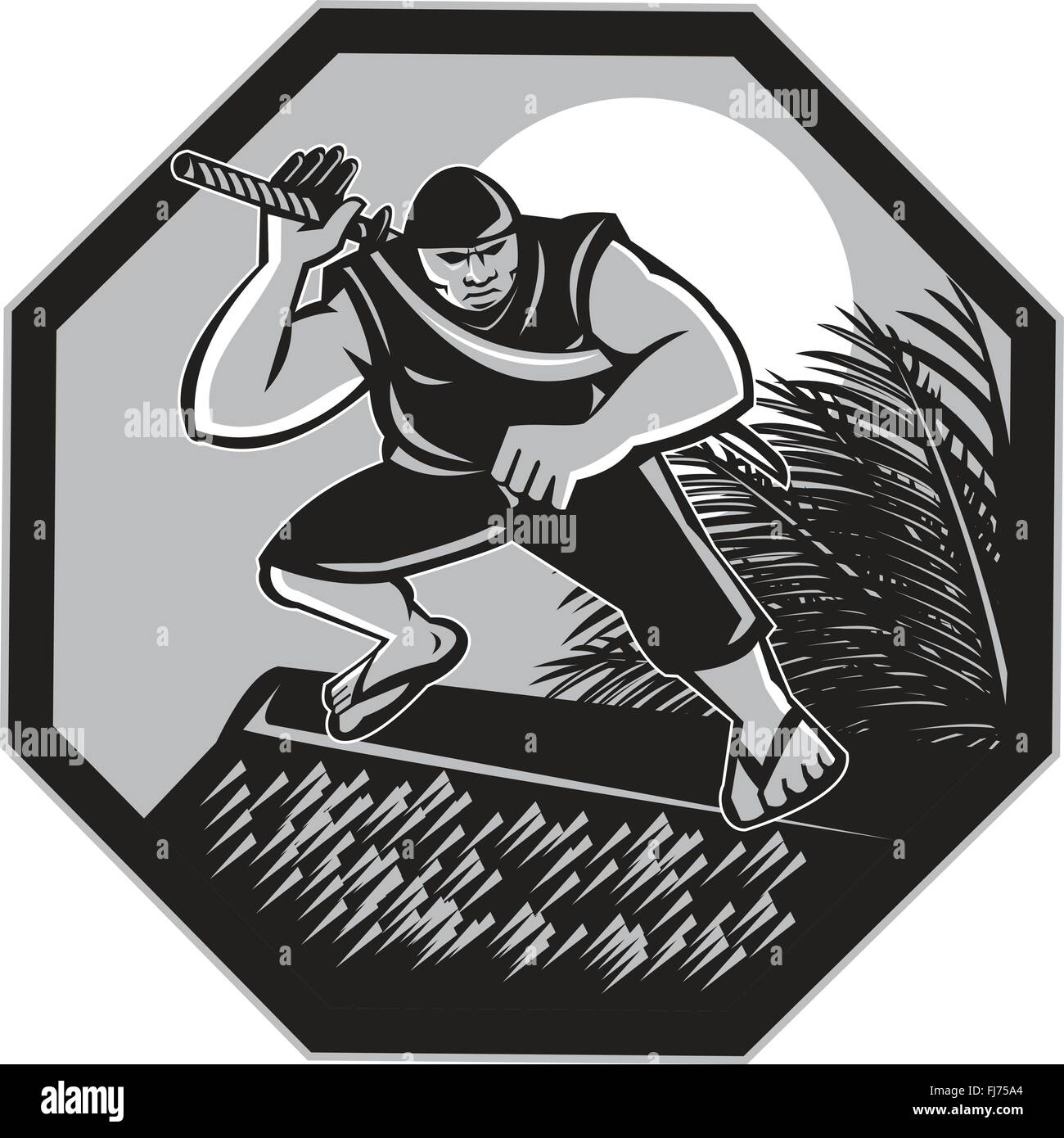 Illustration d'un ninja Samoan avec épée samouraï debout sur fale nipa hut maison avec porte à la noix de coco chaussons avec lune dans l'arrière-plan défini à l'intérieur hexagon fait en style rétro. Illustration de Vecteur