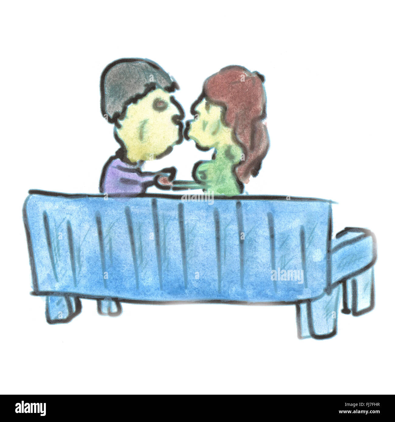 Amoureux sur un banc isolé aquarelle dessin animé handmade Photo Stock -  Alamy