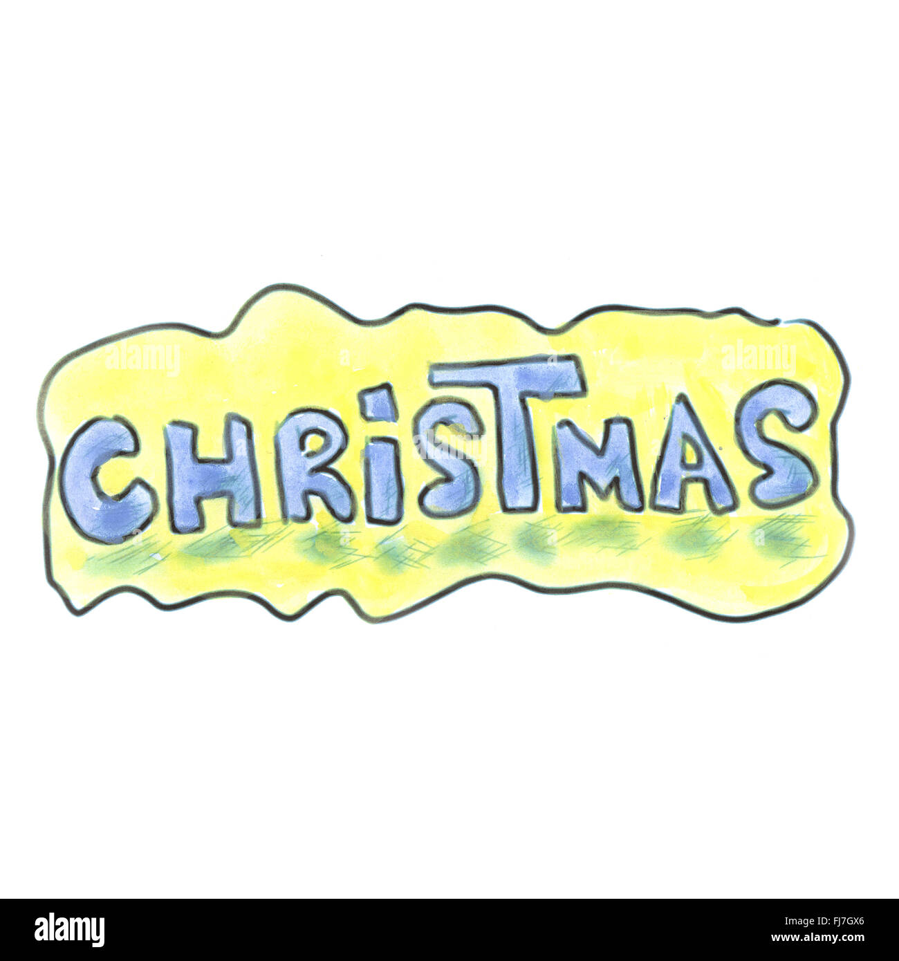 Lettrage jaune bleu aquarelle dessin animé de Noël fait main isolé Banque D'Images