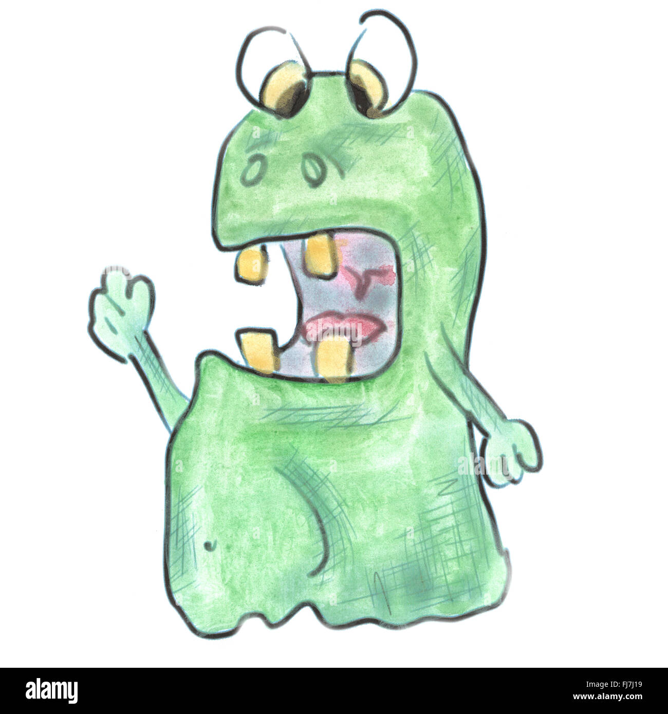 Monstre vert aquarelle dessin animé isolé Banque D'Images