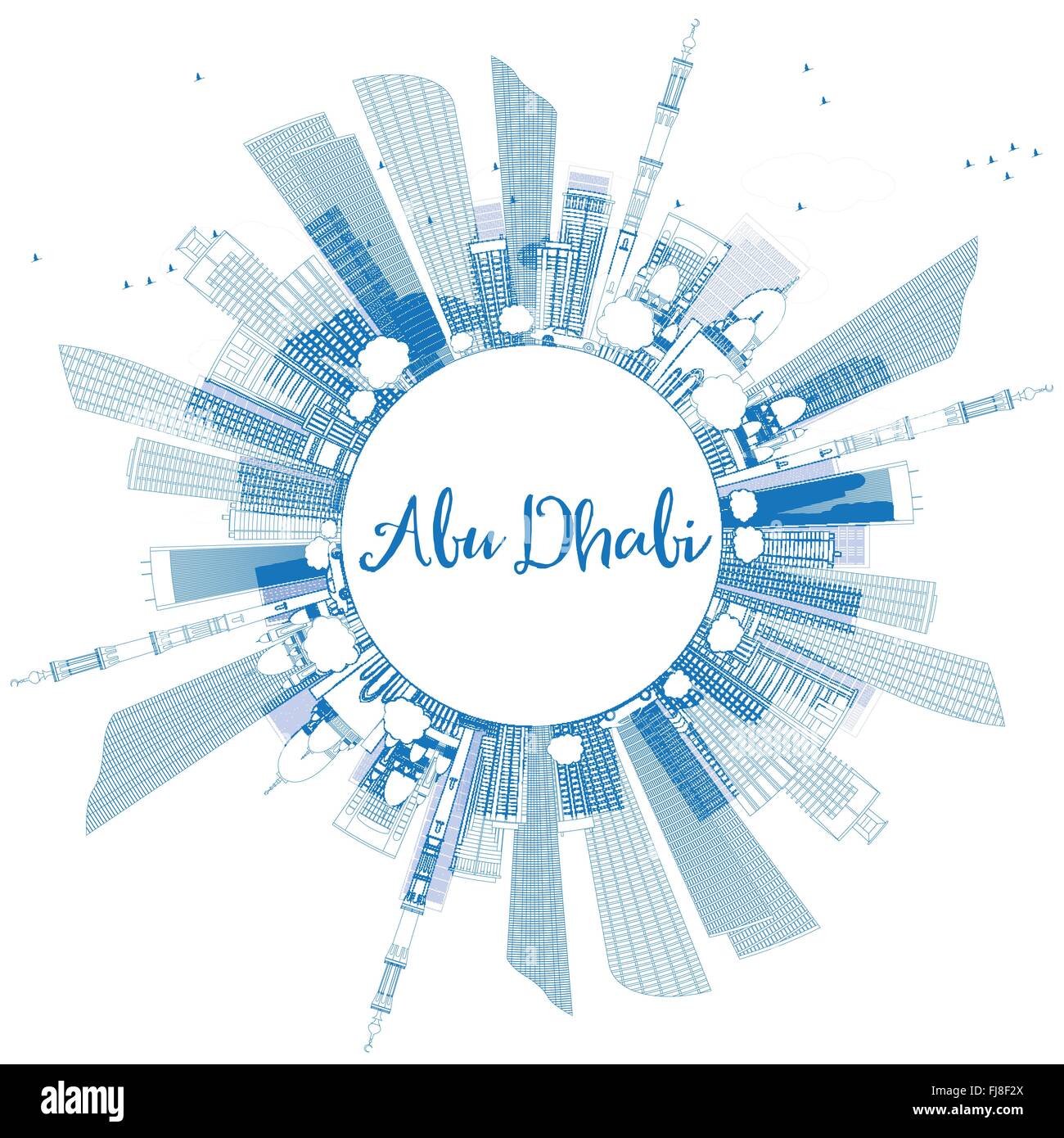 La Ville d'Abu Dhabi contour bleu horizon avec les bâtiments et l'espace de copie. Vector Illustration. Les voyages d'affaires et tourisme Concept Illustration de Vecteur