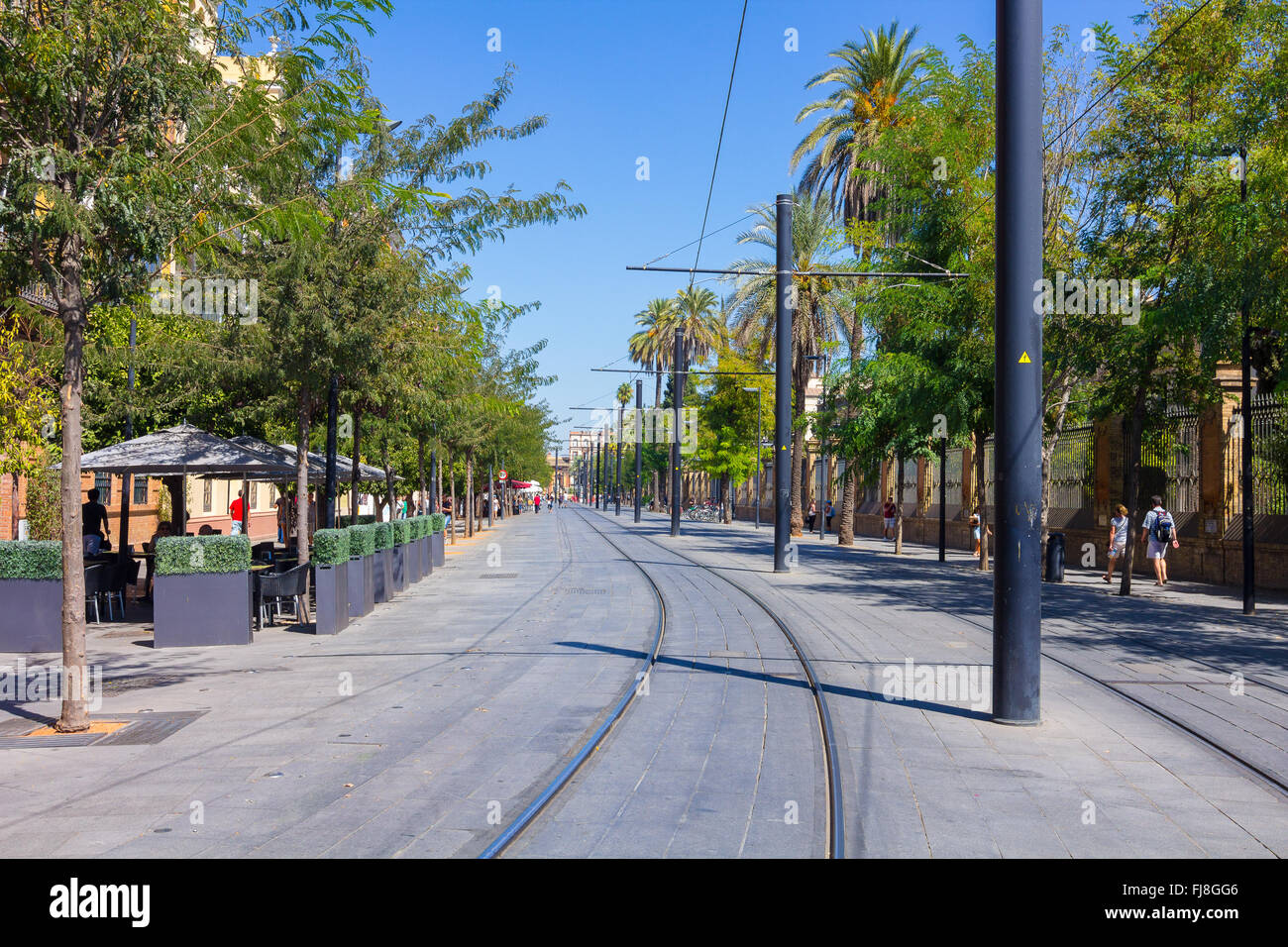 Rails du tramway dans la ville de Séville, Espagne Banque D'Images