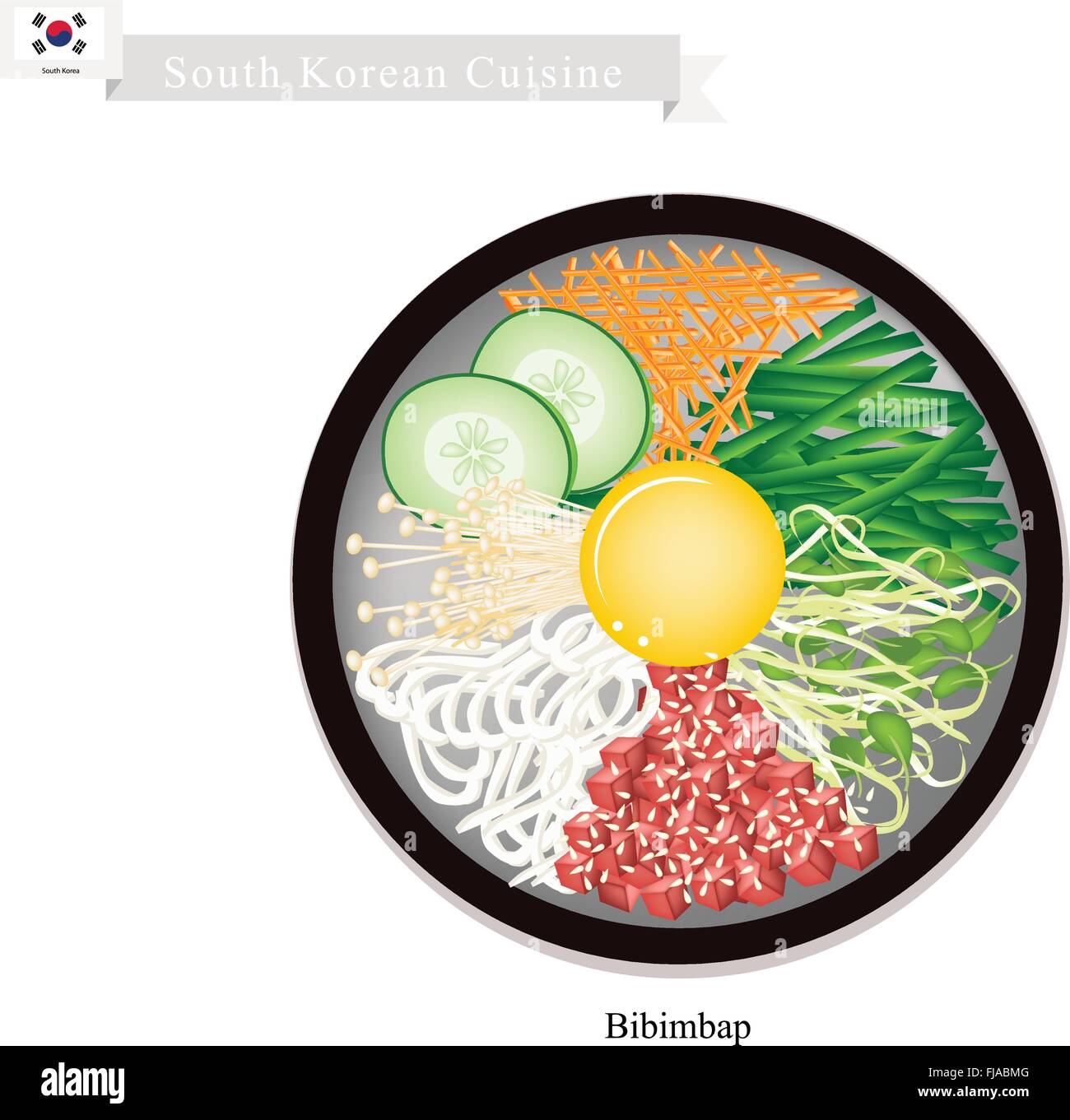 La cuisine coréenne du sud, Bibimbap Coréen ou riz mélangé avec de la viande et de légumes variés et d'Oeuf garni de pâte de piment. Un P Illustration de Vecteur