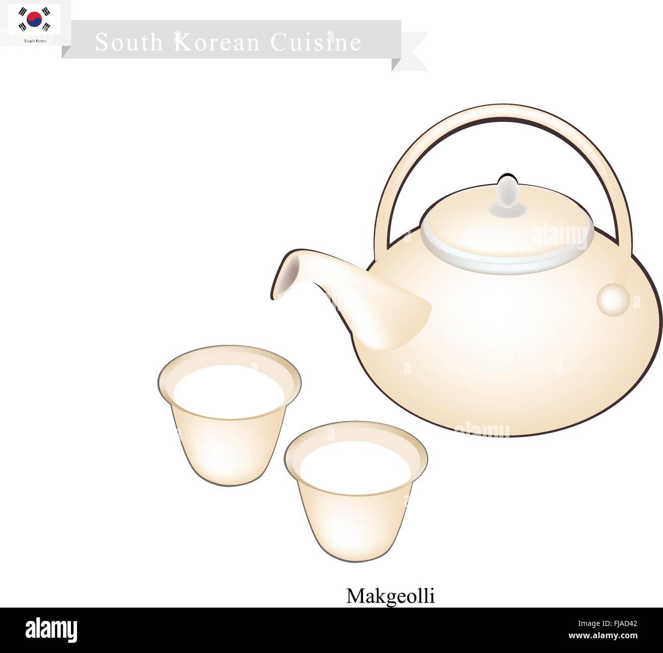 La cuisine coréenne, un pot de Makgeolli ou Vin de riz traditionnel coréen avec Cups. L'un de boisson la plus populaire en Corée. Illustration de Vecteur