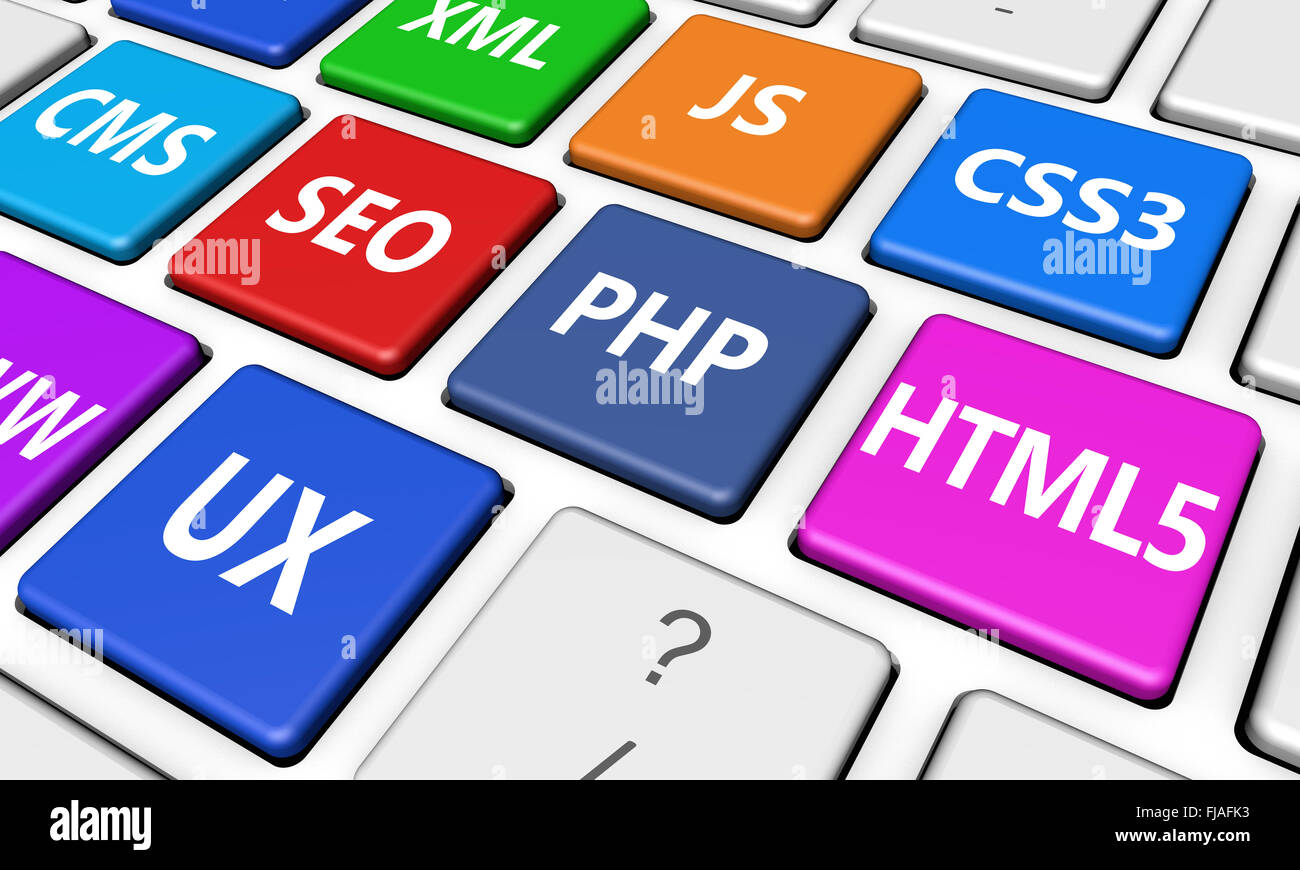 Web design, référencement Internet et concept de développement du langage de programmation avec inscription sur les touches du clavier de l'ordinateur aux couleurs vives. Banque D'Images