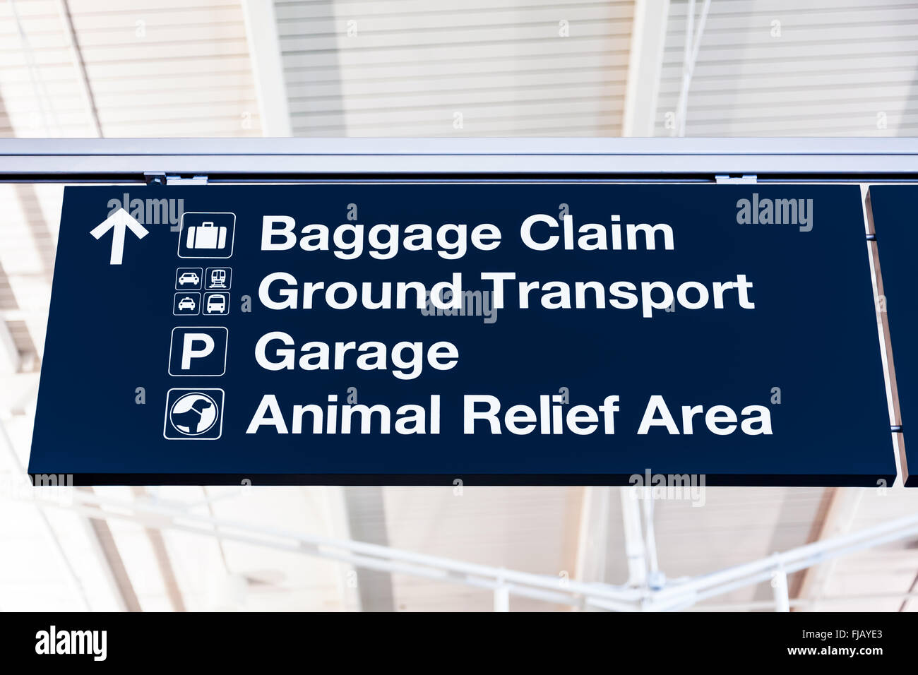 Récupération des bagages de l'aéroport Transport au sol, signe avec garage, et une section de passage des animaux. Banque D'Images