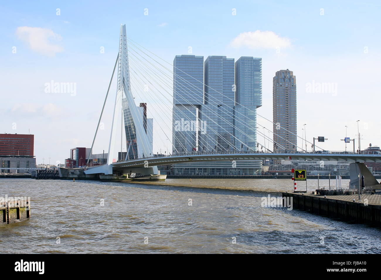 Nieuwe Maas (rivière) avec le pont Erasmus, Rotterdam, Pays-Bas, derrière Rotterdam' 'De complexe de gratte-ciel (Rem Koolhaas, 2013) . Banque D'Images