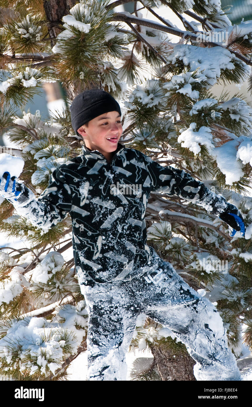 Cute little boy jouent dans la neige en face cachée d'un pin. Banque D'Images