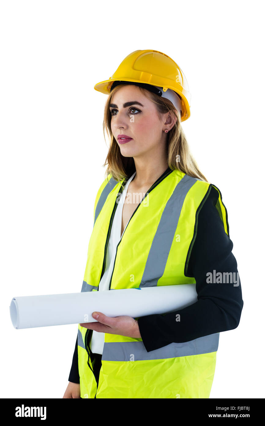 Woman holding construction plan Banque D'Images