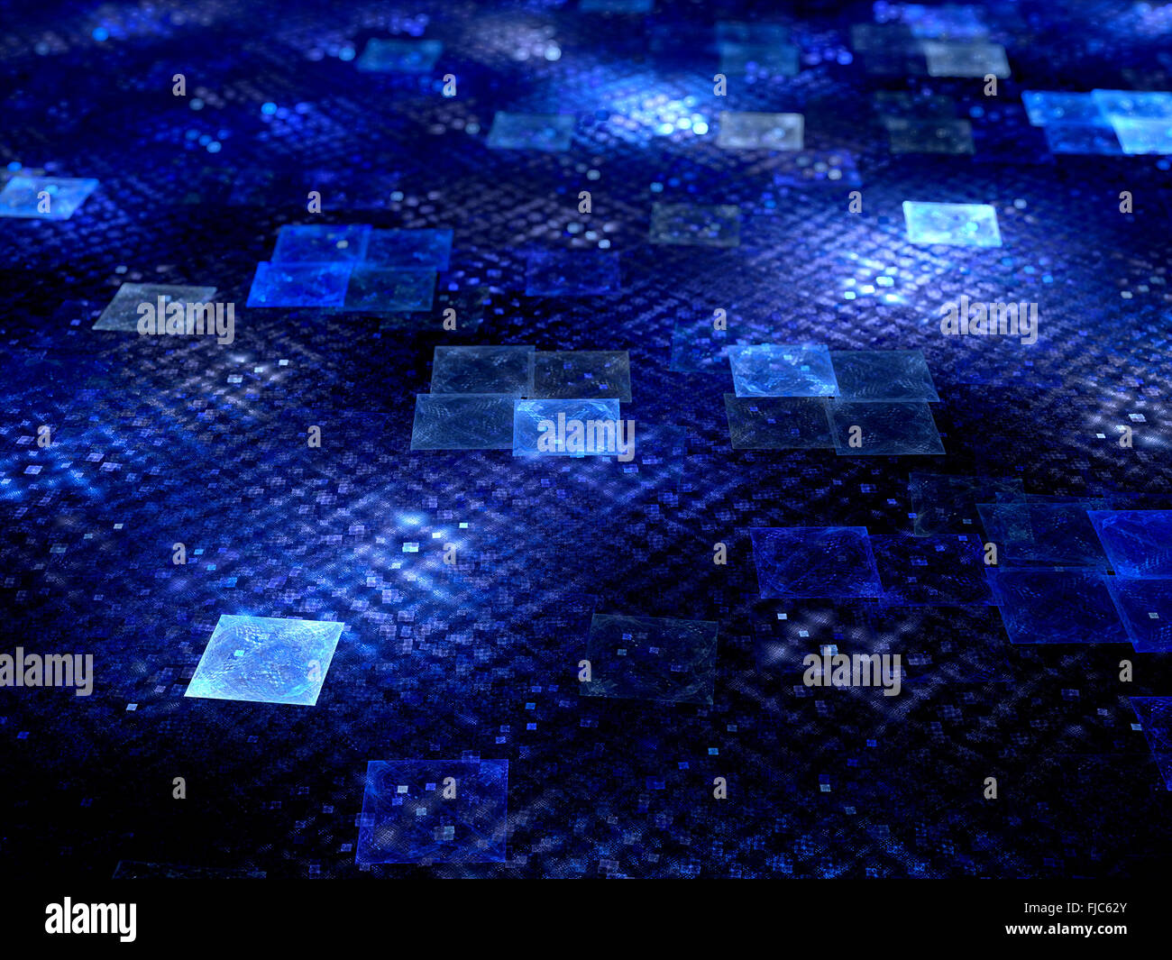 Rougeoyant bleu éléments carrés dans l'espace, générée par ordinateur abstract background Banque D'Images