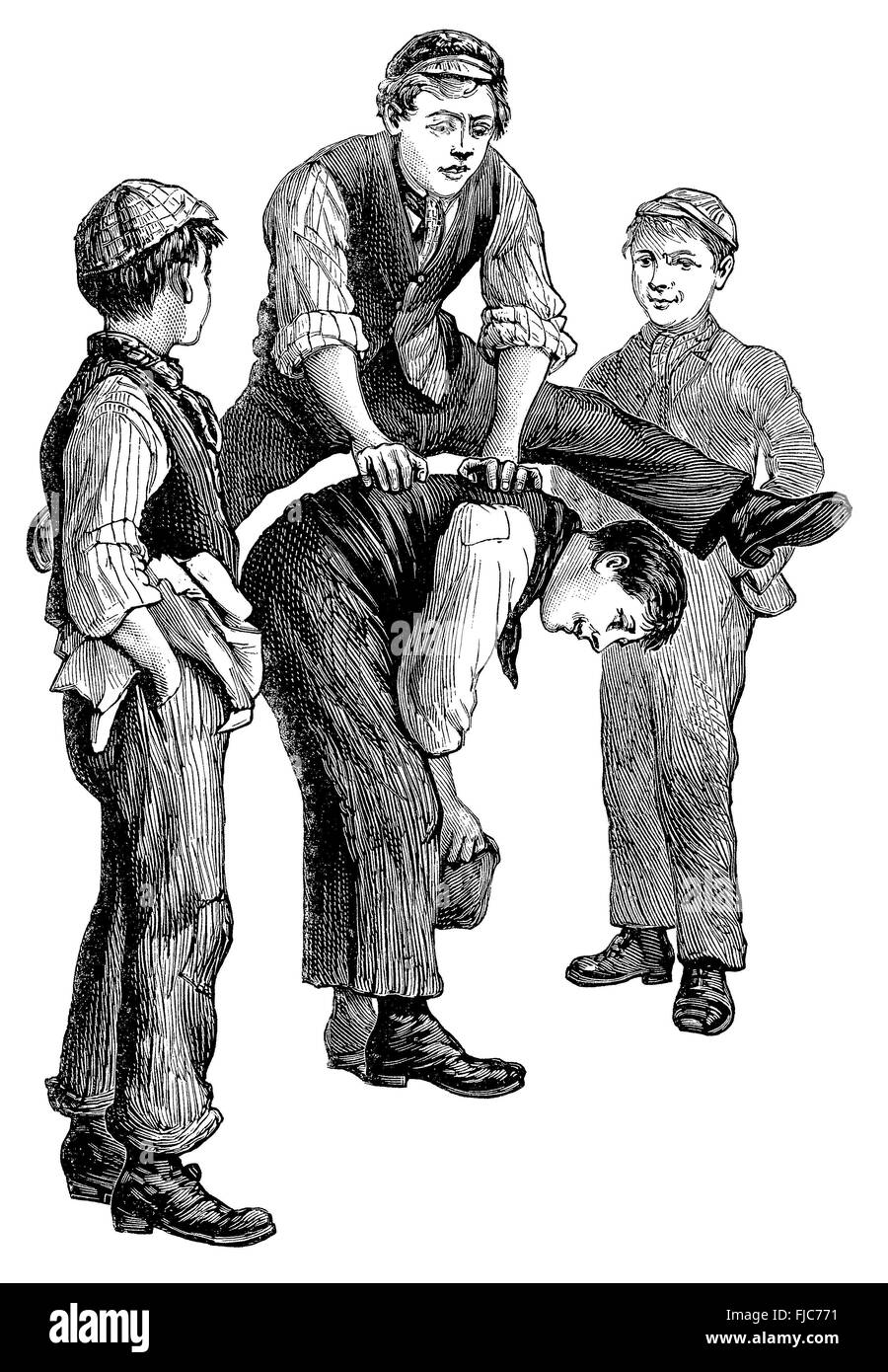 Gravure en noir et blanc de style victorien ou Edwardian garçons jouant leapfrog. Banque D'Images