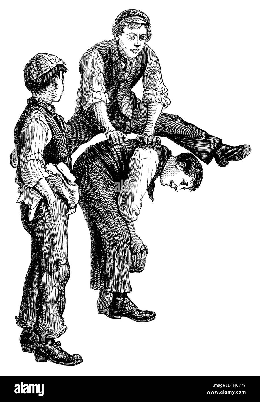 Gravure en noir et blanc de style victorien ou Edwardian garçons jouant leapfrog. Banque D'Images