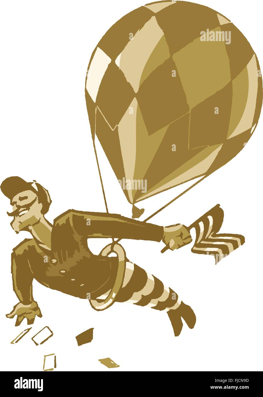 Pourquoi c'est un fringant plutôt chap avec un guidon moustache, se balançant d'un trapèze sous un ballon. Illustration de Vecteur