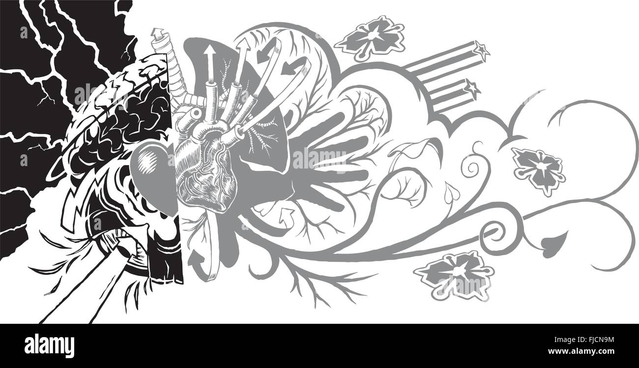 Un mélange éclectique et dynamique-tatouage comme élément graphique doté d'organes et éléments graffiti. Illustration de Vecteur