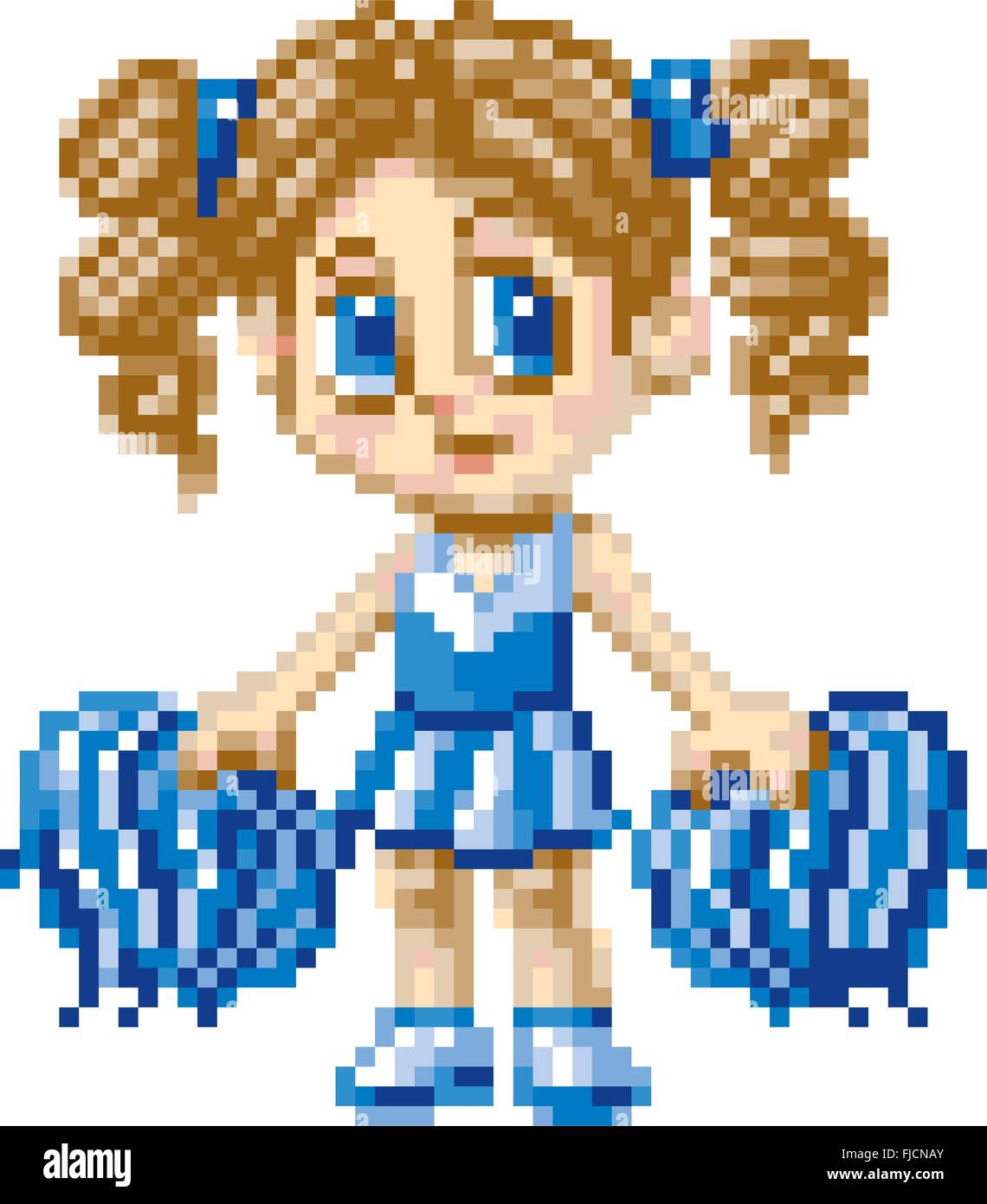 Un cheerleader girl illustré dans un style dessin animé manga ou d'anime, rendu comme pixel art (art vectoriel en blocs). Illustration de Vecteur