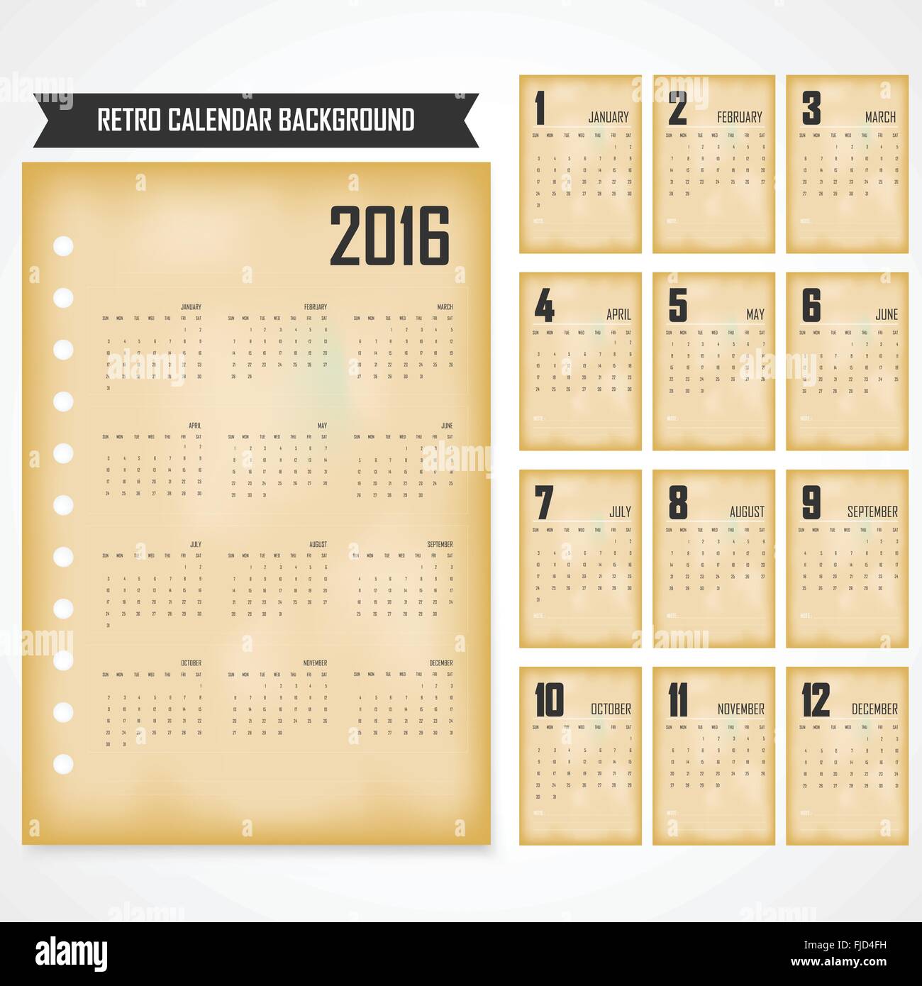 Calendrier pour 2016 sur fond gris.2016 Calendrier dans le style rétro, vintage background.semaine débute dimanche.Modèle vectoriel Illustration de Vecteur