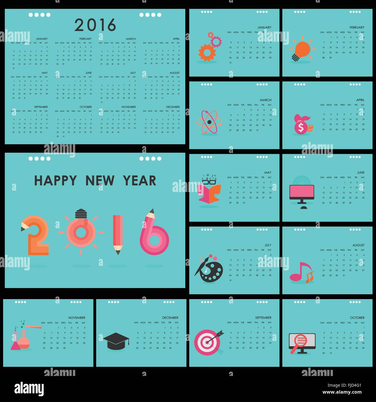 Calendrier 2016 24 Modèle de conception vectorielle.Set de 12 mois.semaine commence le dimanche.L'éducation et de concept d'entreprise. Illustration de Vecteur