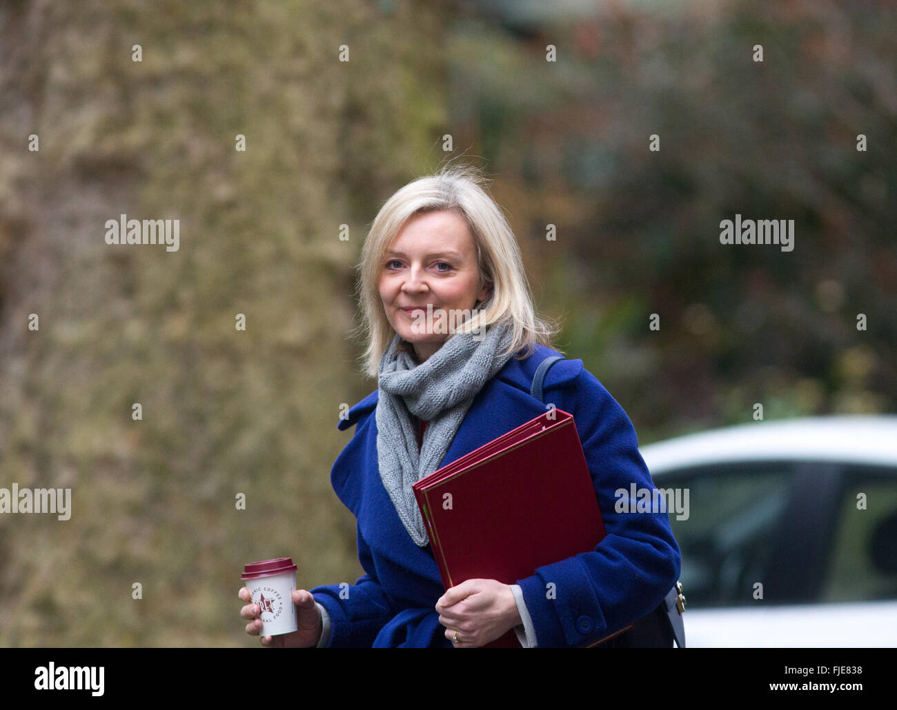 Liz Truss,secrétaire d'État à l'environnement, de l'alimentation et des affaires rurales au numéro 10 Downing Street pour une réunion du cabinet Banque D'Images