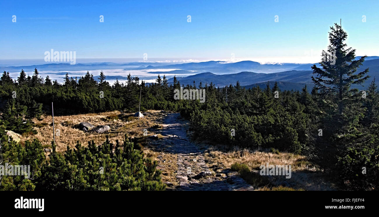 Voir les chaines de montagnes avec Misty dans les vallées et ciel au-dessus de Divci kameny hill dans les montagnes Krkonose au cours de l'automne Banque D'Images