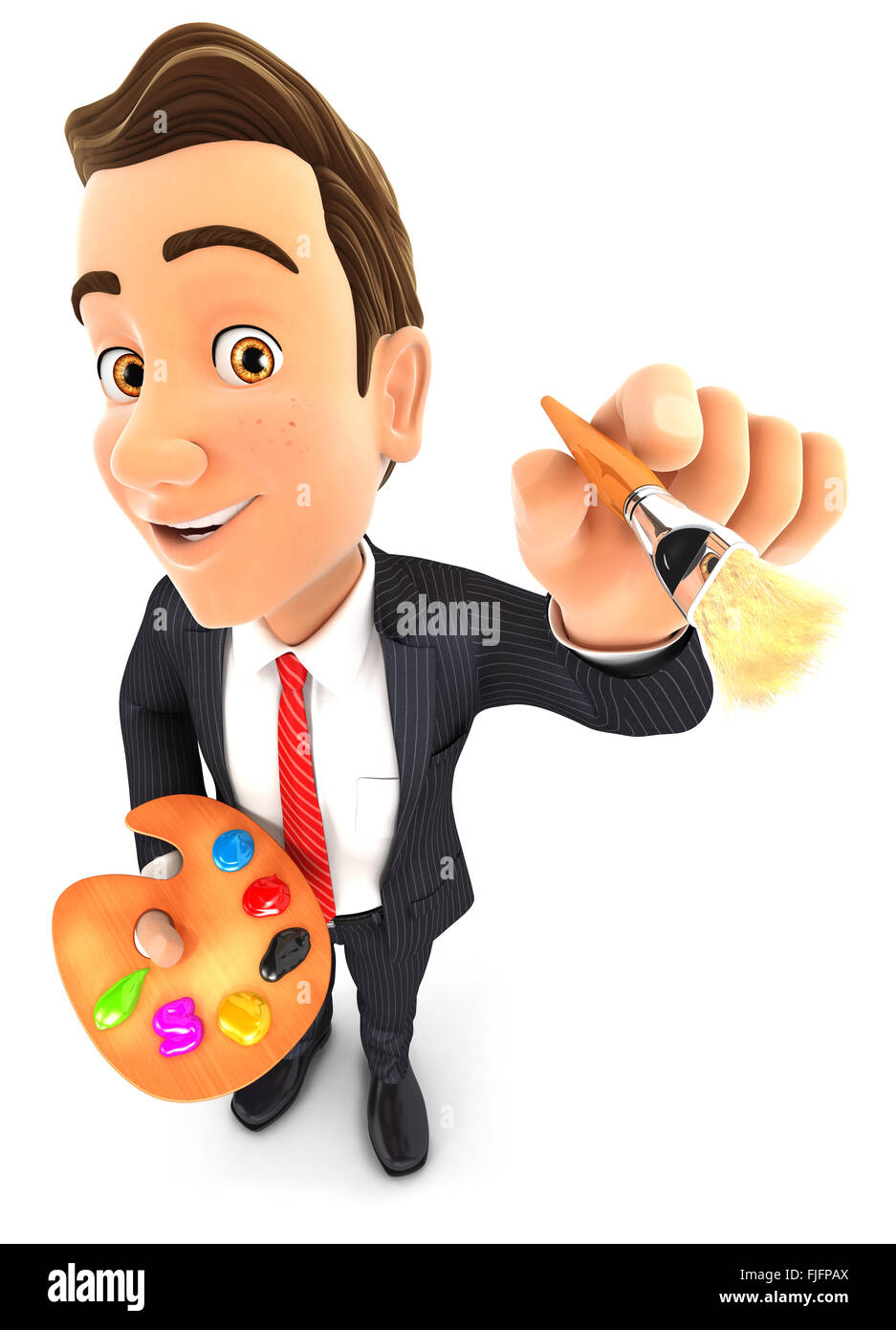 Homme d 3d avec une palette de couleurs et un pinceau, isolé sur fond blanc Banque D'Images