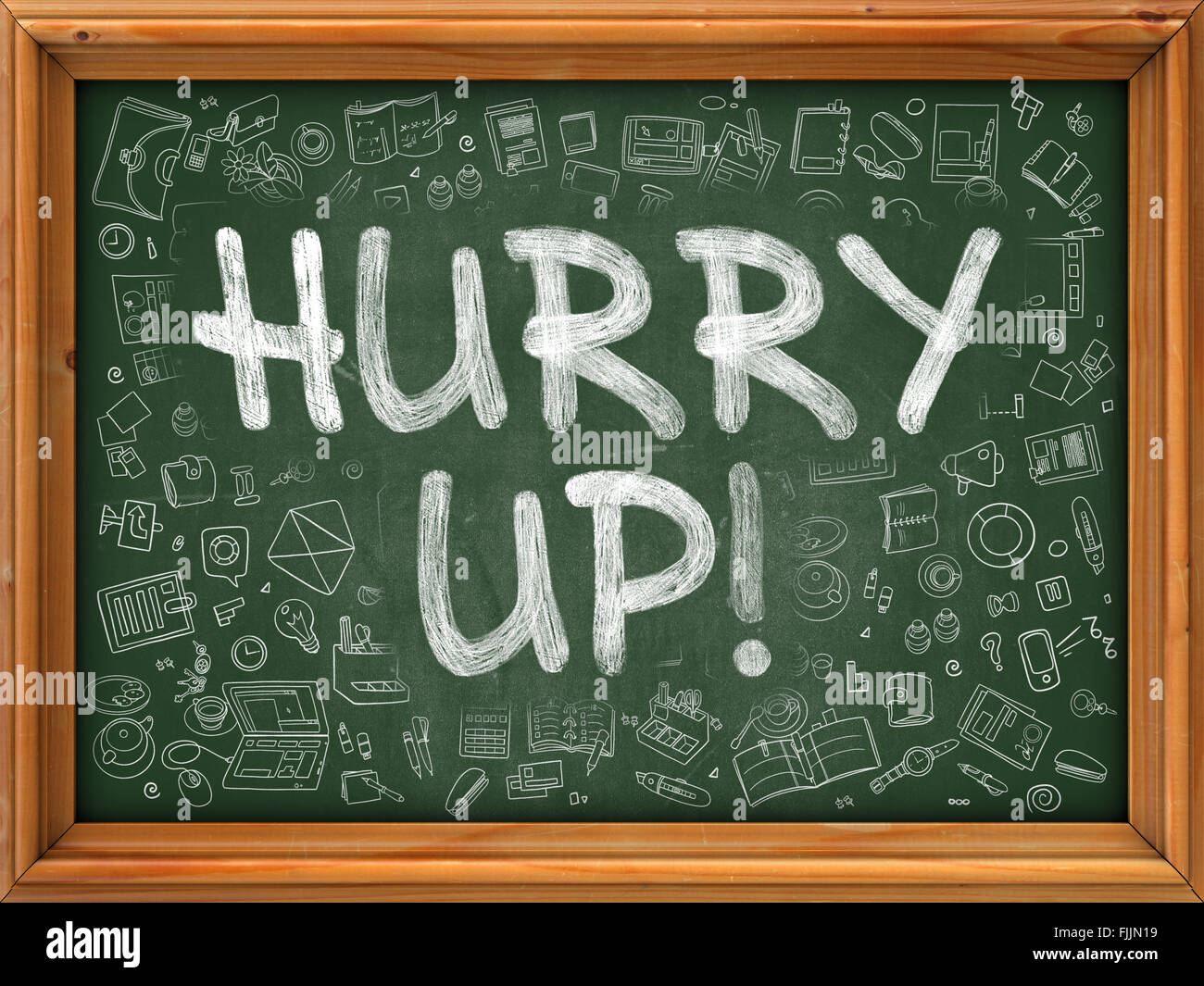 Hurry Up Concept. Tableau vert avec Doodle d'icônes. Banque D'Images