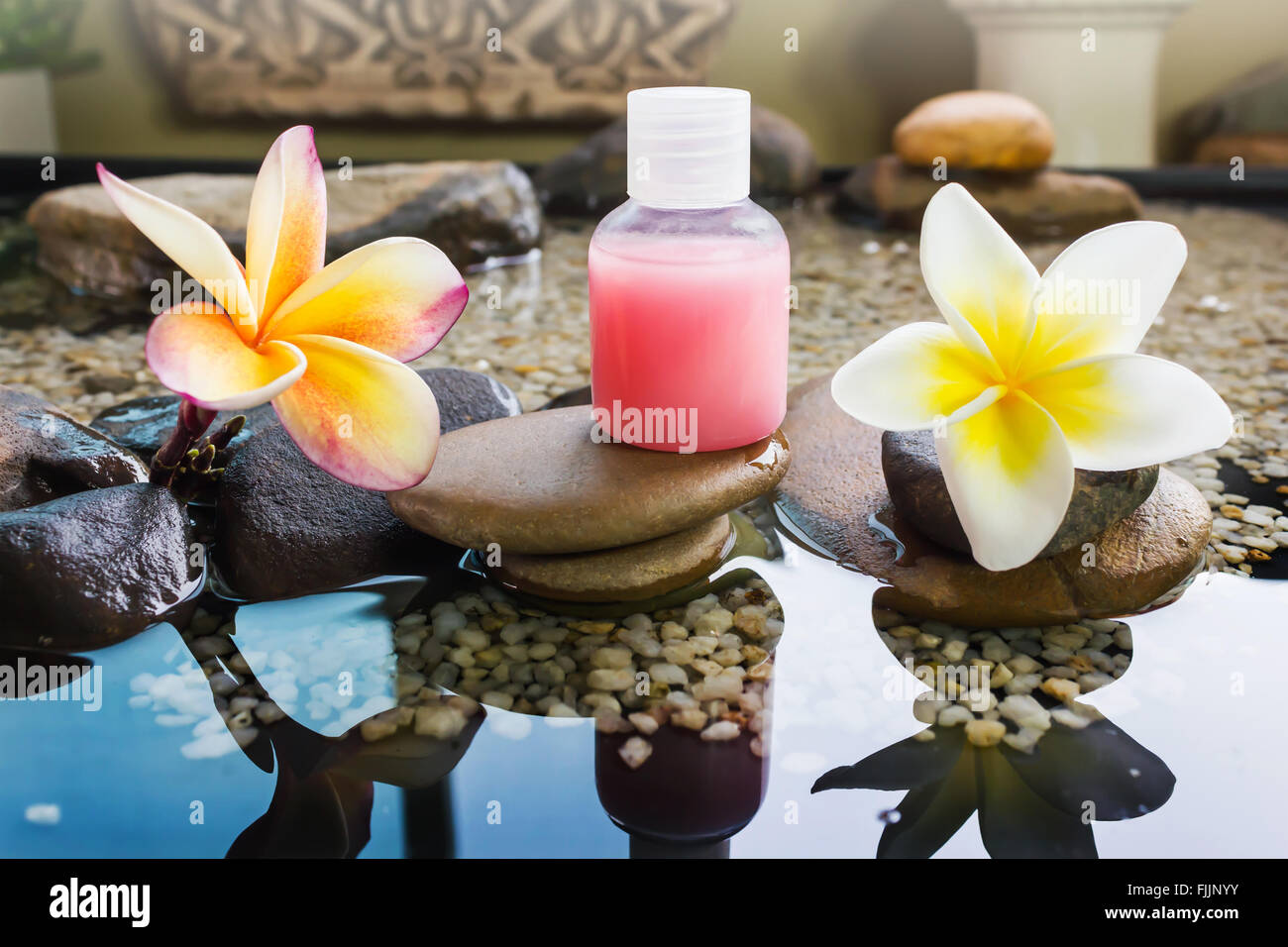 Mini jeu de bain moussant et gel douche décorées en style zen avec pebble rock et de fleurs avec de l'humeur avec copie espace détente Banque D'Images