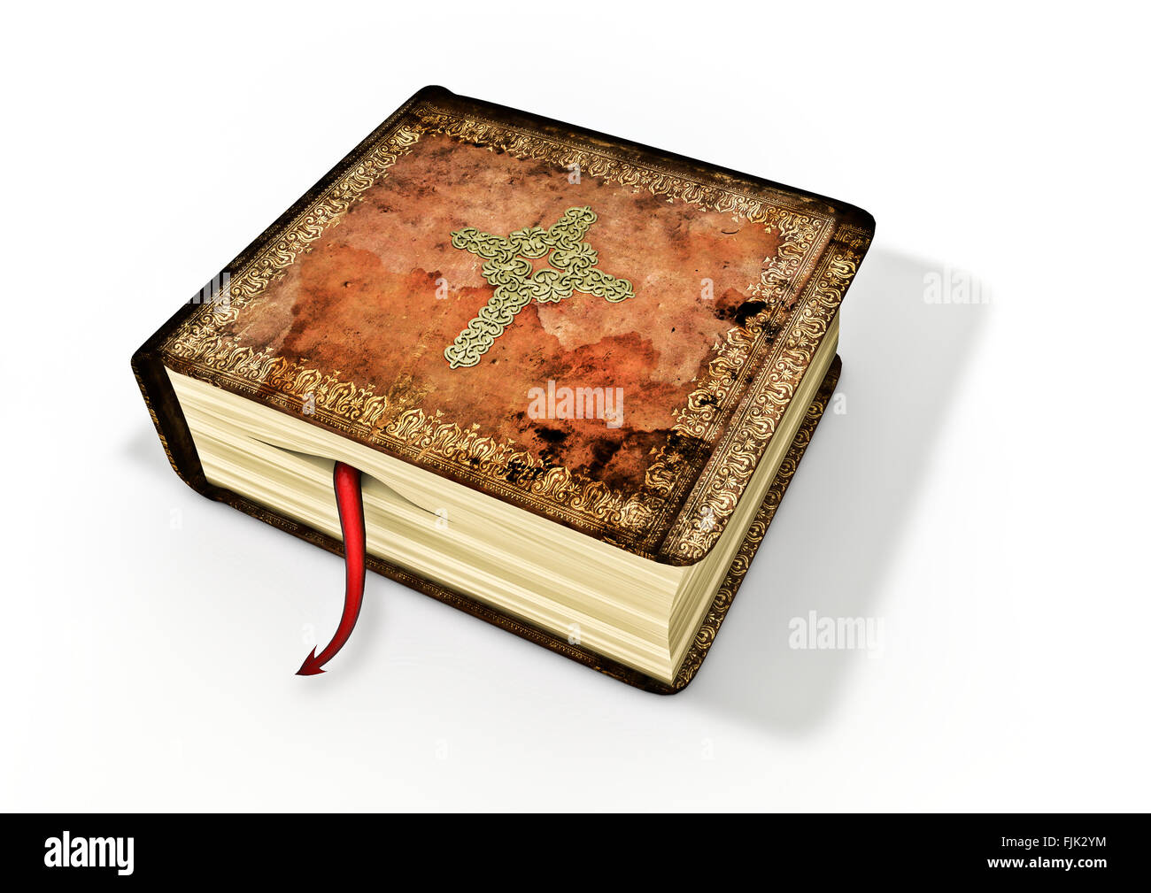 Bible avec devil comme signet / 3D render of ancient bible avec queue de diable qui sort Banque D'Images