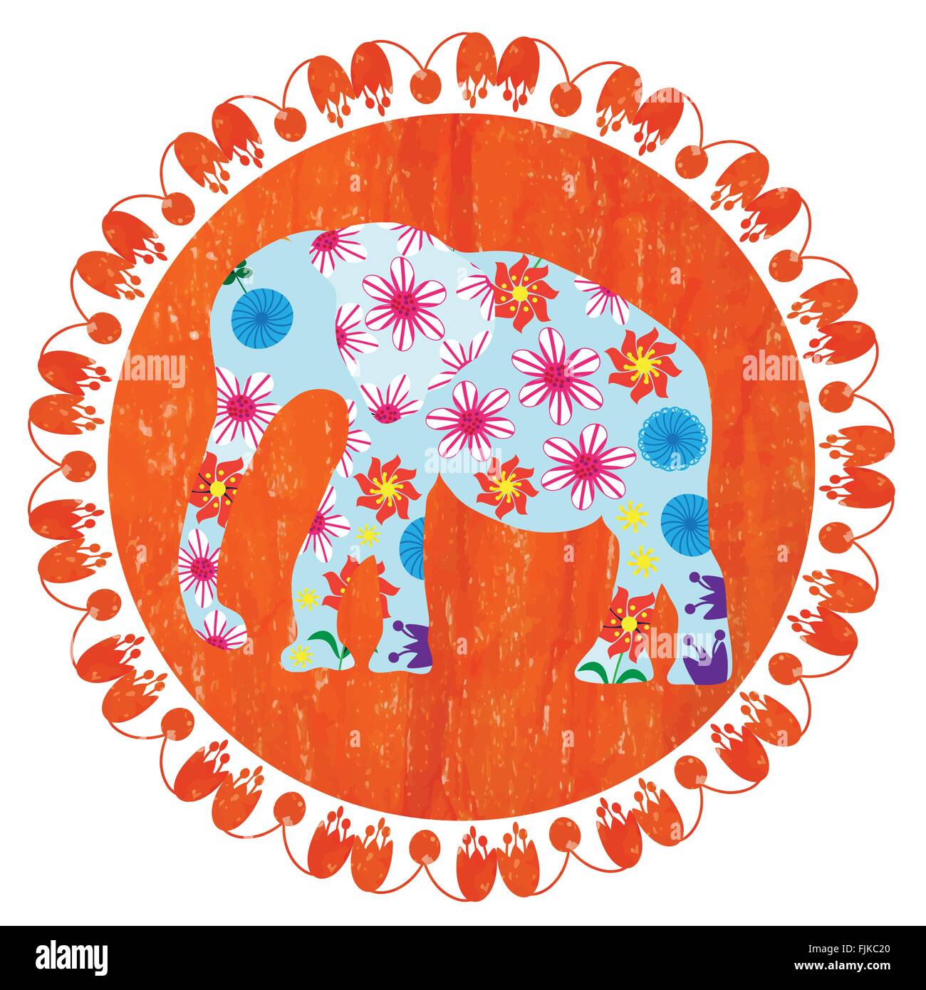 Dans l'éléphant décoratif lumineux caricature grunge fond rond, orange, vector Illustration de Vecteur