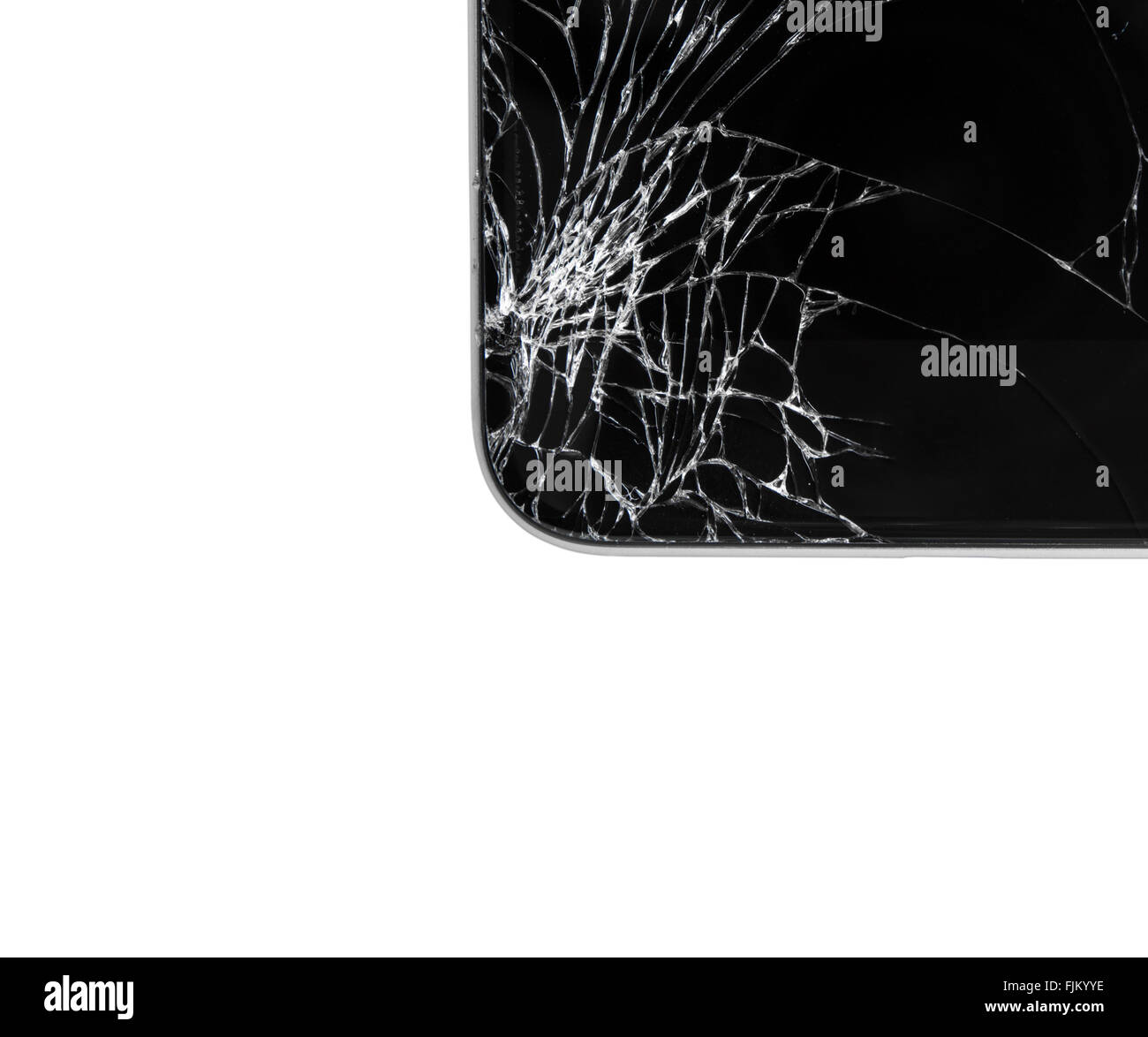 Smartphone moderne avec écran de verre cassée isolé sur fond blanc. Appareil a besoin de réparation. Banque D'Images