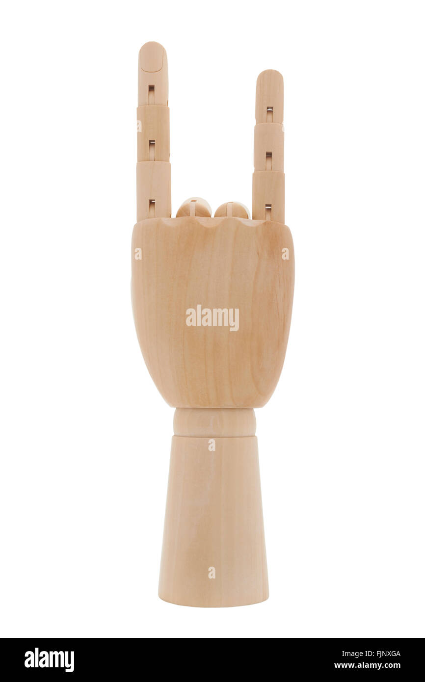 Main en bois mannequin devil horns geste sur fond blanc Banque D'Images