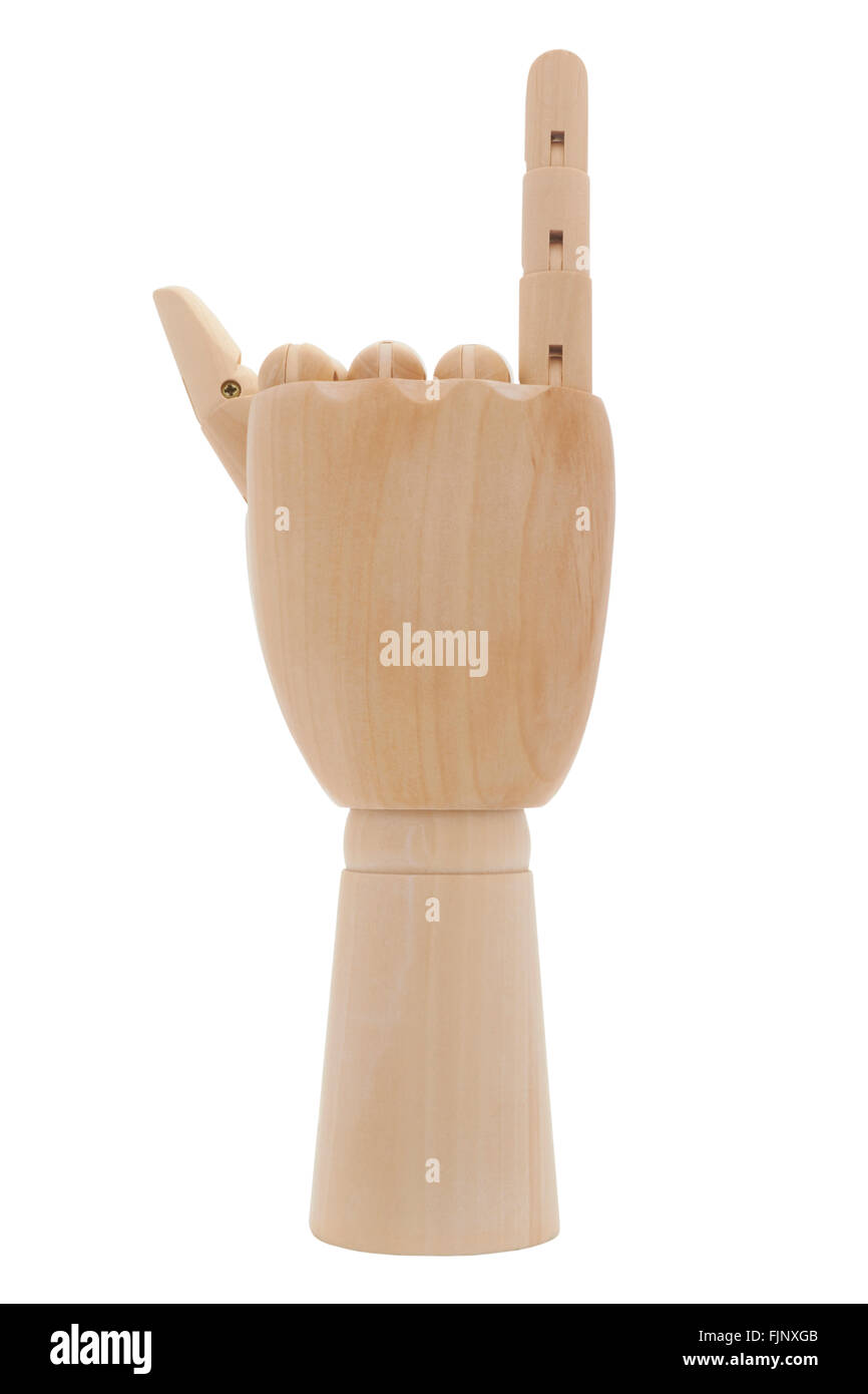 Main en bois main mannequin geste lâche sur fond blanc Banque D'Images