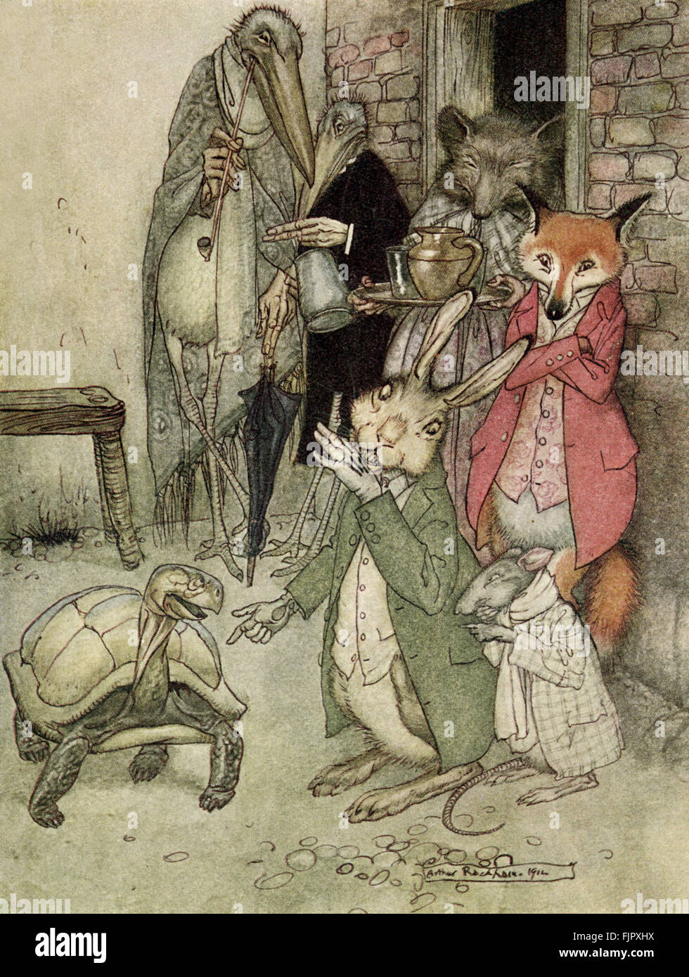 Le Lièvre et la tortue - Aesop's Fables, 1933 edition illustrée par Arthur Rackham (1867-1939) Banque D'Images