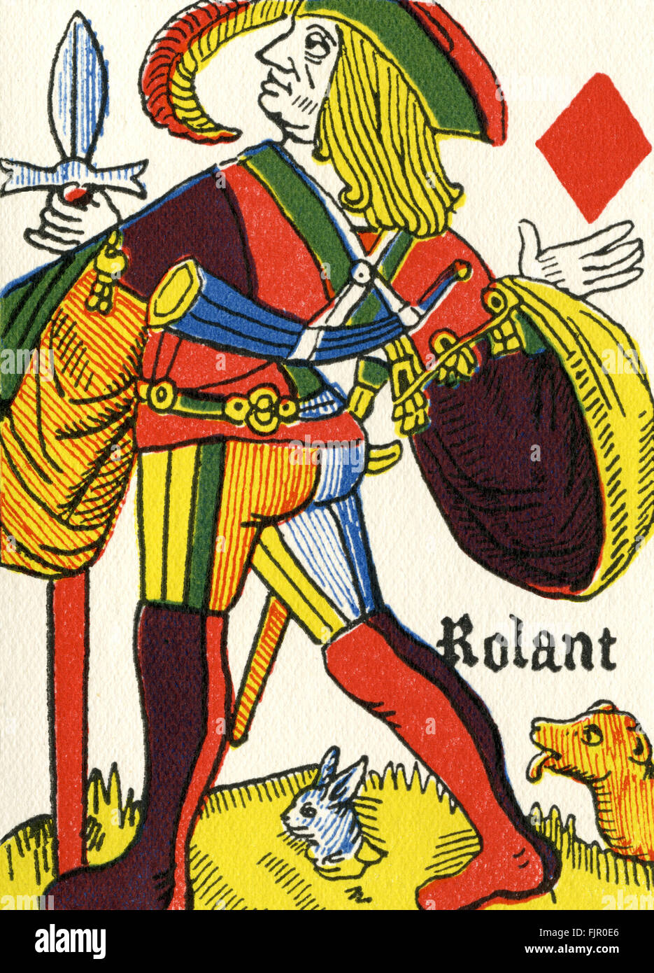 Knave de diamants / Valet de carreaux c. 1490 - 1500. Carte à jouer avec le français jack / knave que Huntsman avec un chien et un lapin. Banque D'Images