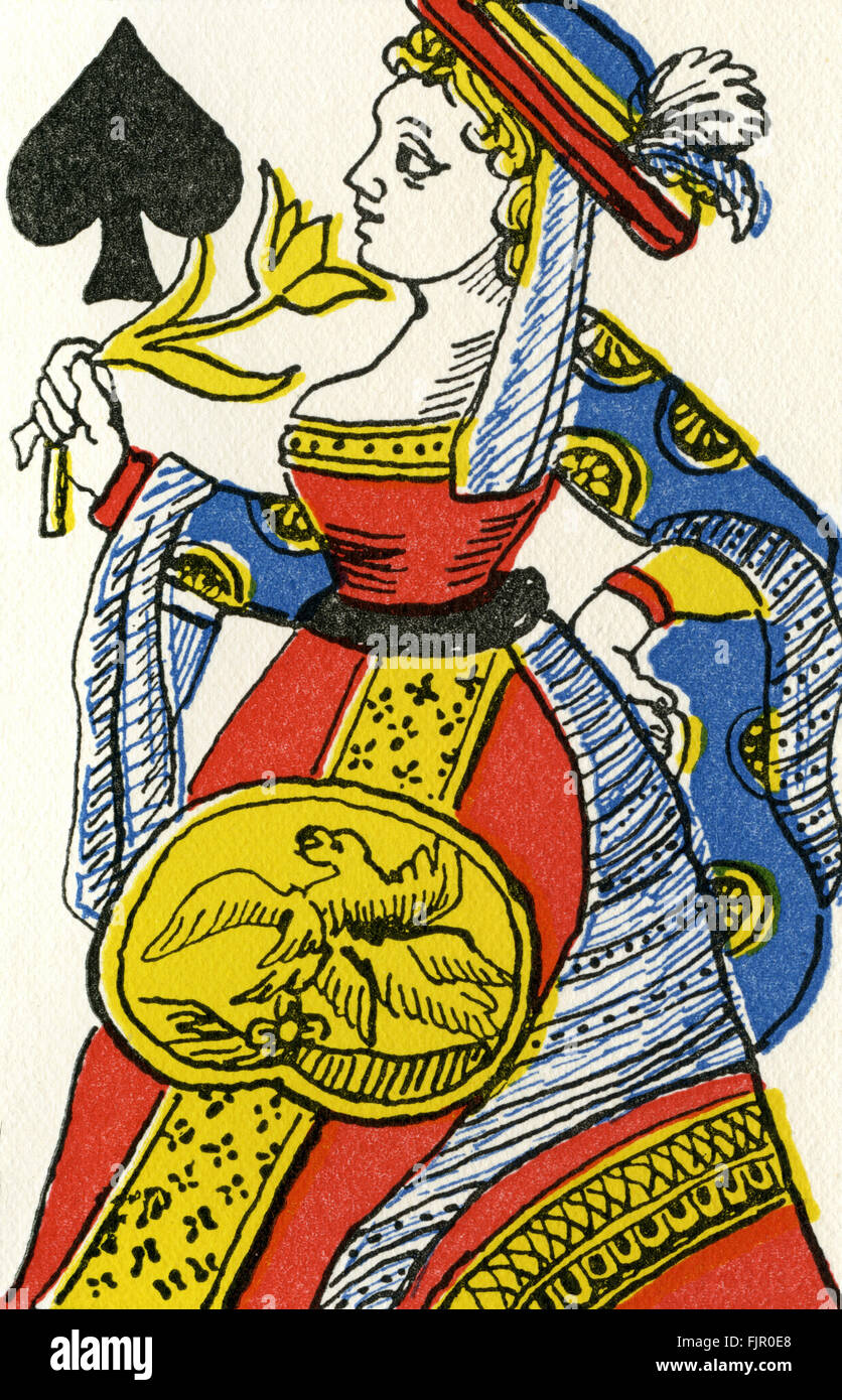 Révolution française discrowned / Dame de Pique Dame de pique. Jeu de carte français c. 1797 avec emblèmes royaux supprimés - crown remplacé par un chapeau. Queens est devenu "vertus" ou "libertés" (libertés) Banque D'Images Révolution française discrowned / Dame de Pique Dame de pique. Jeu de carte français c. 1797 avec emblèmes royaux supprimés - crown remplacé par un chapeau. Queens est devenu "vertus" ou "libertés" (libertés) Banque D'Images