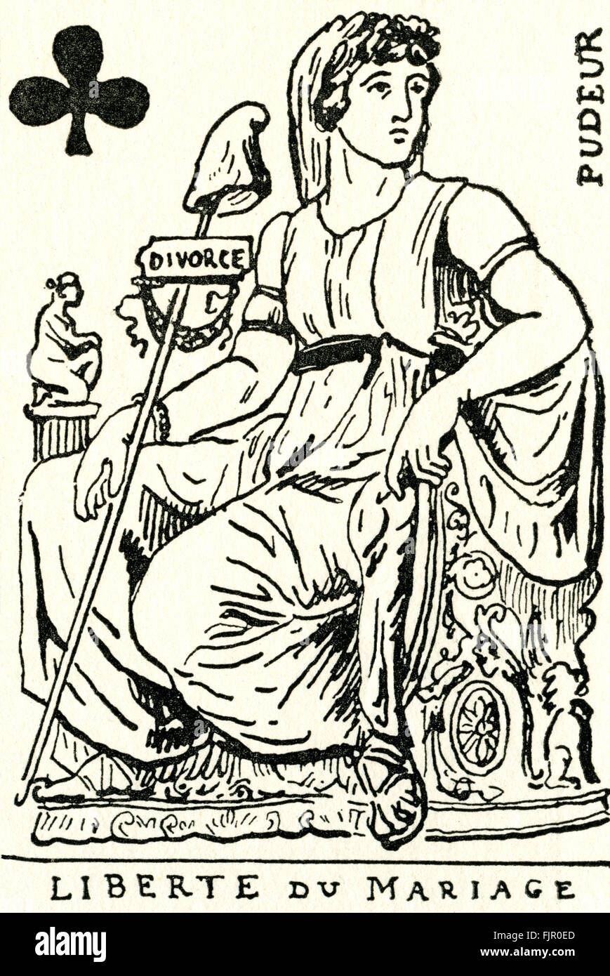 Révolution française Liberte du Mariage (La Reine des clubs / Dame de trefles). Jeu de carte français c. 1793. Nommé 'pudeur' (modestie), mais l'affichage du symbole 'divorce' sous le chapeau de la liberté. Après la Révolution, emblèmes de l'image ont été supprimés et les reines sont devenus "vertus" ou "libertés" (libertés). Banque D'Images Révolution française Liberte du Mariage (La Reine des clubs / Dame de trefles). Jeu de carte français c. 1793. Nommé 'pudeur' (modestie), mais l'affichage du symbole 'divorce' sous le chapeau de la liberté. Après la Révolution, emblèmes de l'image ont été supprimés et les reines sont devenus "vertus" ou "libertés" (libertés). Banque D'Images