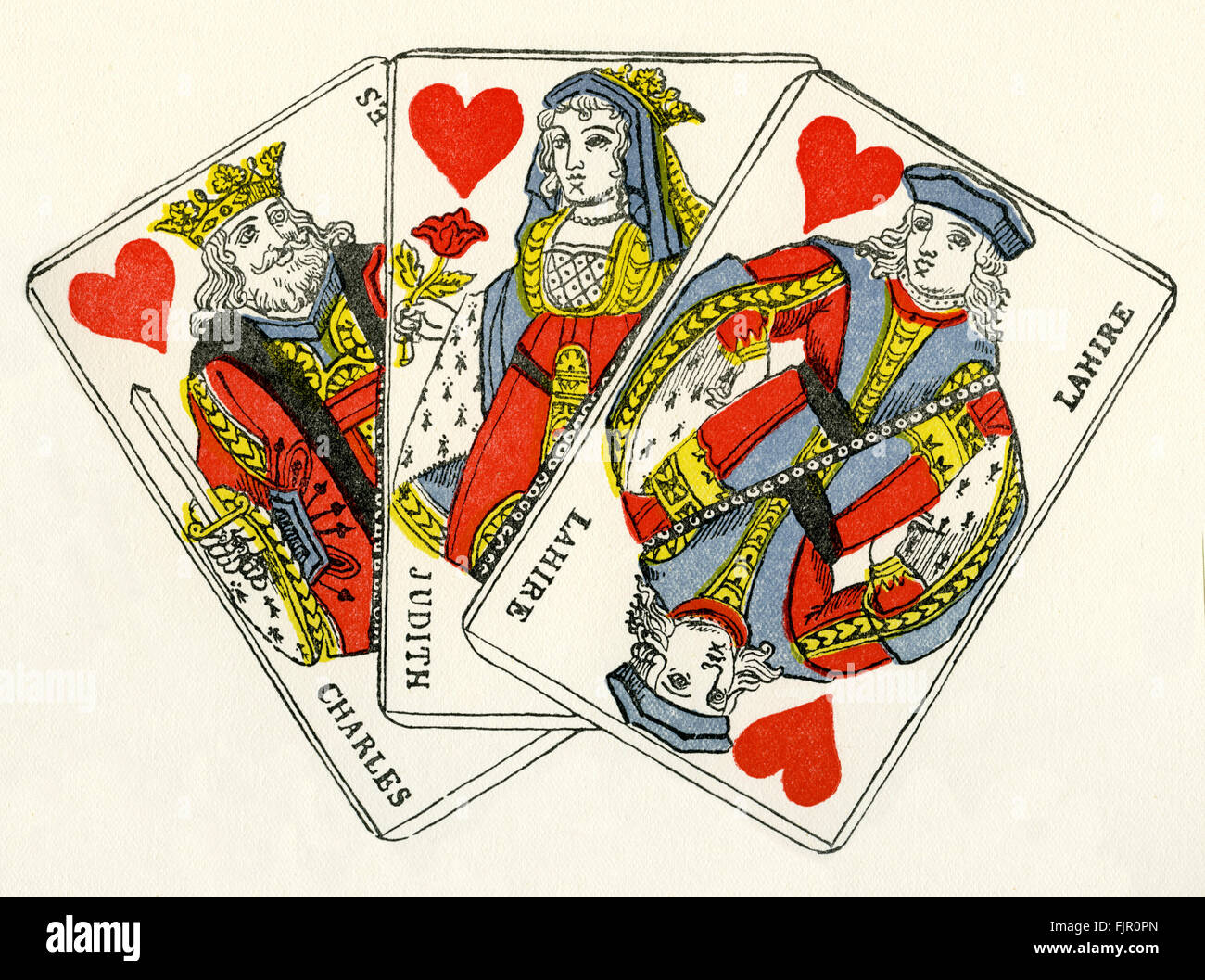 Cour de France Cartes - coeur / cœurs. Le roi (roi) représentant Charlemaigne, Queen (dame) représentant Judith et jack / knave (service voiturier) représentant Lahire. Début du xixe siècle, les cartes à jouer par Gatteaux, ch. 1813 Banque D'Images