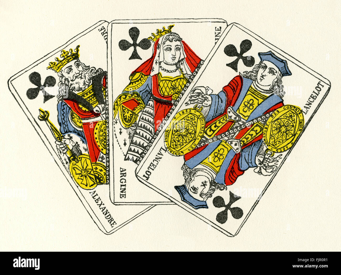 Cour de France Cartes - clubs / trefles. Le roi (roi) représentant Alexandre le Grand, Queen (dame) représentant Argine et jack / knave (service voiturier) représentant Lancelot. Début du xixe siècle, les cartes à jouer par Gatteaux, ch. 1813 Banque D'Images