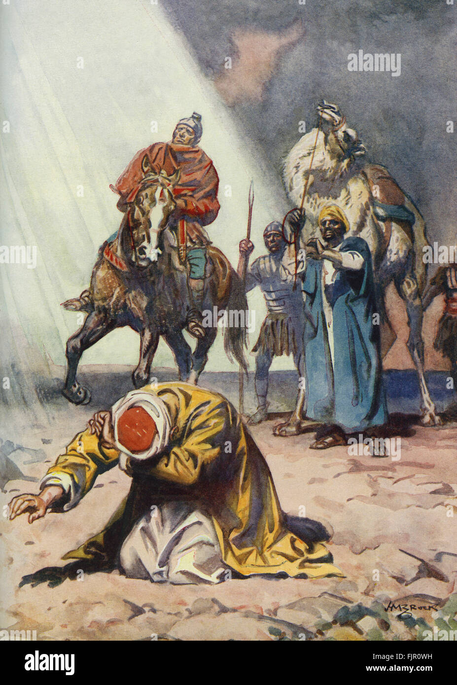 Saul de Tarse (pour devenir l'apôtre Paul) sur le chemin de Damas. "Et comme il a voyagé, il est venu près de Damas : Tout à coup il a brillé, autour de lui une lumière venant du ciel : et il est tombé à la terre, et entendu une voix lui dit : Saul, Saul, pourquoi me persécutes-tu ?" Actes 9 : 3-4. Matthieu 28 : 5 Illustration par H M Brock 11 Juillet 1875 - 21 juillet 1960 Banque D'Images