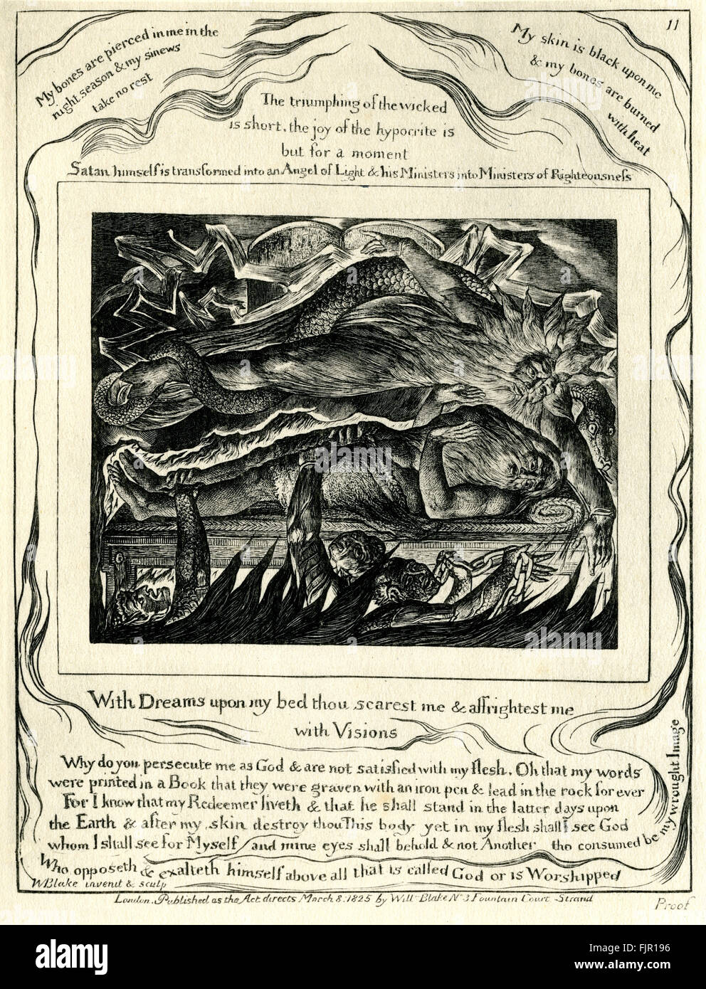 Le Livre de Job, illustration par William Blake. D'abord publié 1826. ' De rêves sur mon lit moi affrightest scarest thous et moi avec des visions. .." "Pourquoi me persécutes-tu comme Dieu et n'êtes pas satisfait de ma chair. Oh, que mes mots ont été imprimés dans un livre que mon rédempteur est vivant et qu'il s'arrêtera dans les derniers jours sur la terre et après ma peau tu détruire ce corps encore dans ma chair je vois Dieu à qui je vais voir moi-même et mes yeux le verront, et non un autre si consommé être mon droit forgé qui opposeth et élève au-dessus de tout ce qui est appelé Dieu ou est Worshippe Banque D'Images
