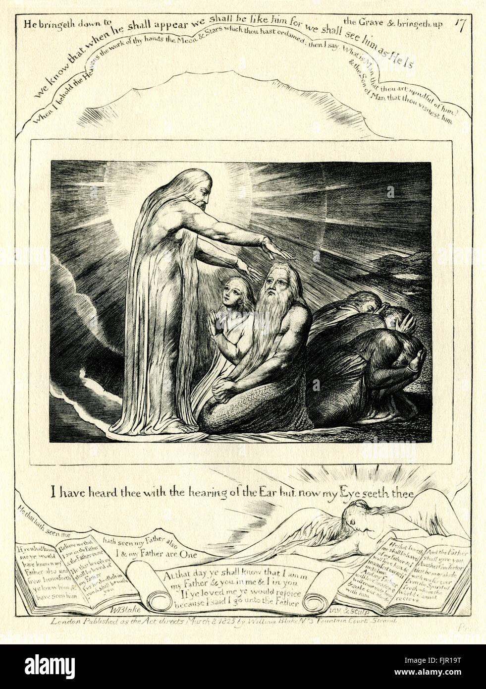 Le Livre de Job, illustration par William Blake. D'abord publié 1826.' Je t'ai exaucé avec l'audition de l'oreille mais maintenant mon Œil te verra.' (London publié dans la Loi enjoint par William Blake 8 mars 1825 N3 Le Fountain Court Strand . La preuve) WB : poète, peintre anglais. 28 novembre 1757 - 12 août 1827 Banque D'Images