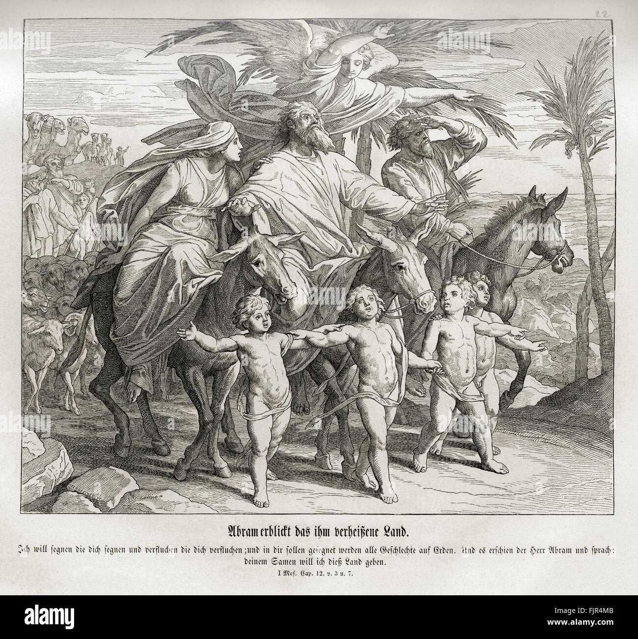 Abraham voit la terre a promis de lui dans Genèse chapitre XII, versets 3 et 7 : "Et je bénirai ceux qui te béniront, et maudire celui qui te maudiront ; et en toi toutes les familles de la terre seront bénies… Et l'Éternel apparut à Abram, et dit : Je donnerai ce pays à ta postérité, et il y bâtit un autel à l'Éternel, qui lui était apparu." illustration 1852-60 par Julius Schnorr von Carolsfeld Banque D'Images