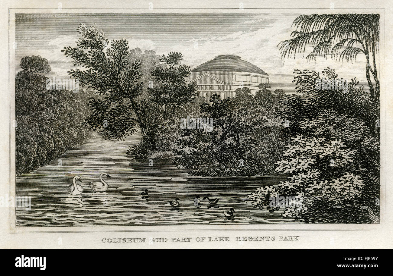 Coliseum et partie du lac, Regent's Park, Londres, 1835 Banque D'Images